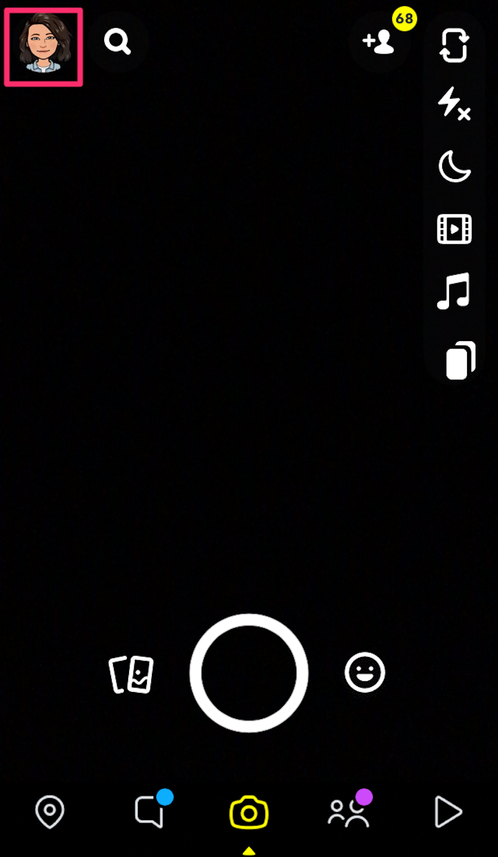 Screenshot of homepage in Snapchat app, with profile avatar highlighted