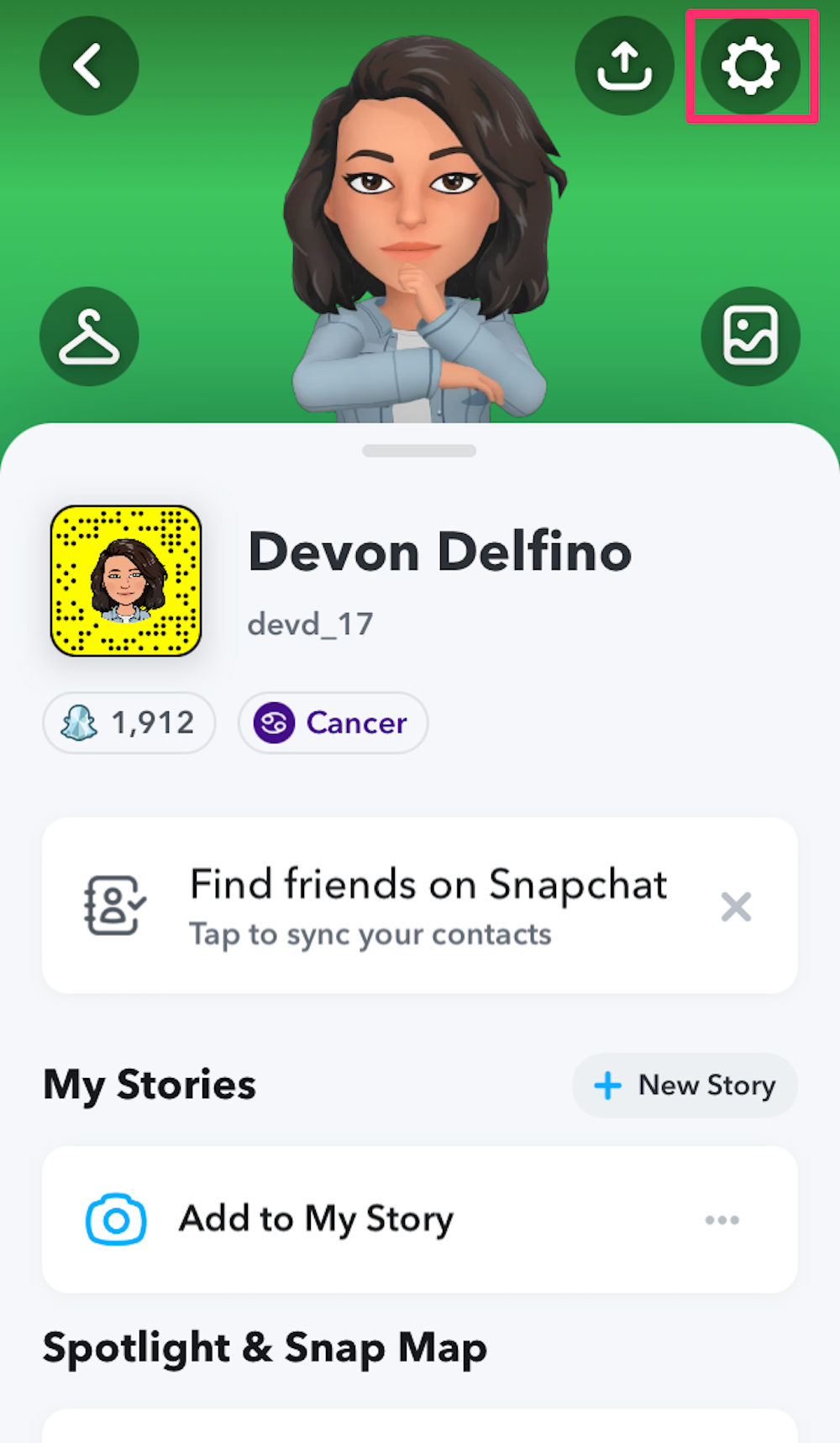 Screenshot of Snapchat app profile page with settings icon highlighted