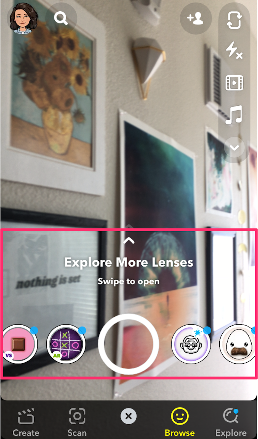 Screenshot of camera screen with lenses in Snapchat app