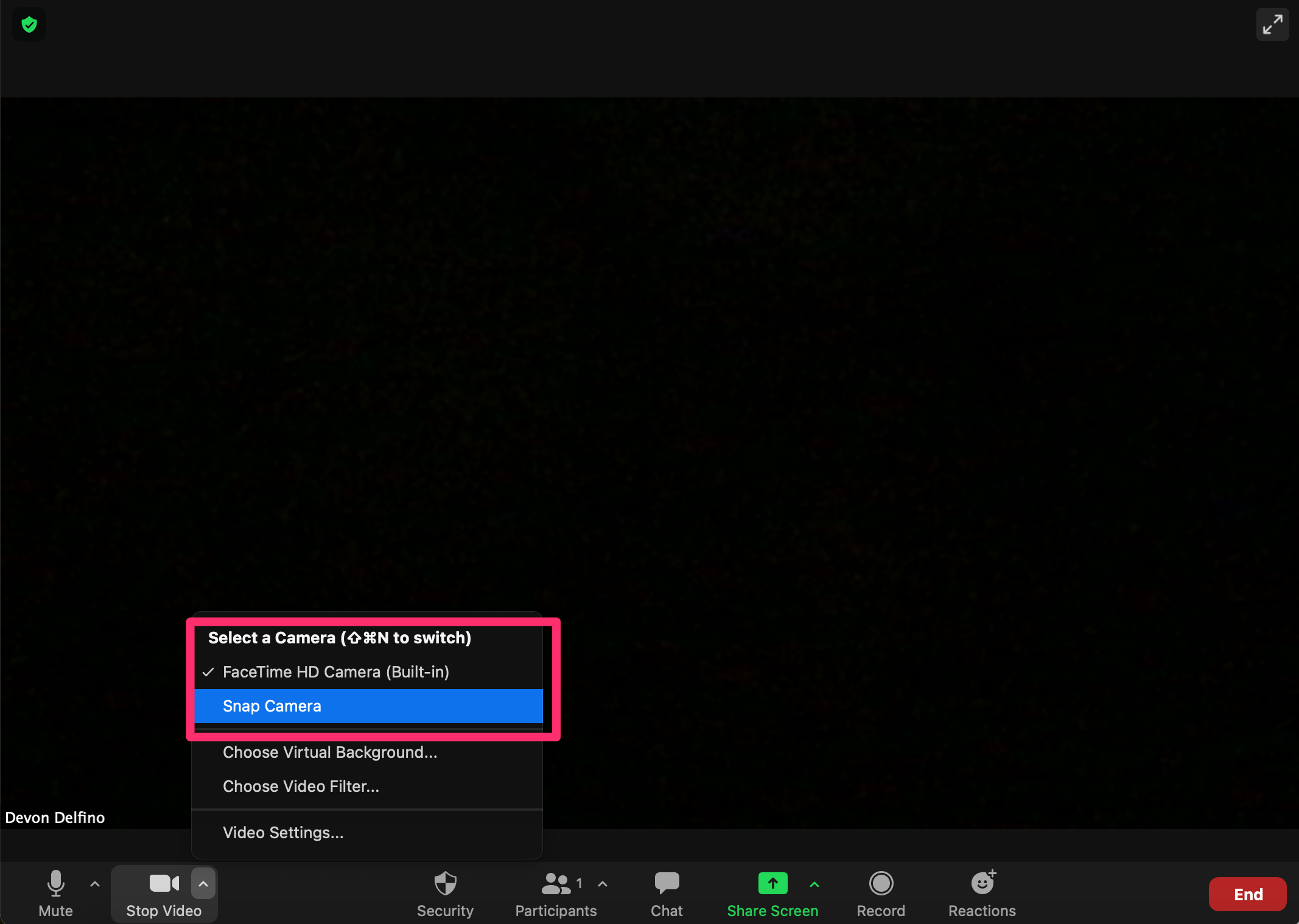 Screenshot of Zoom desktop app with "Snap Camera" highlighted in camera selection pop-up