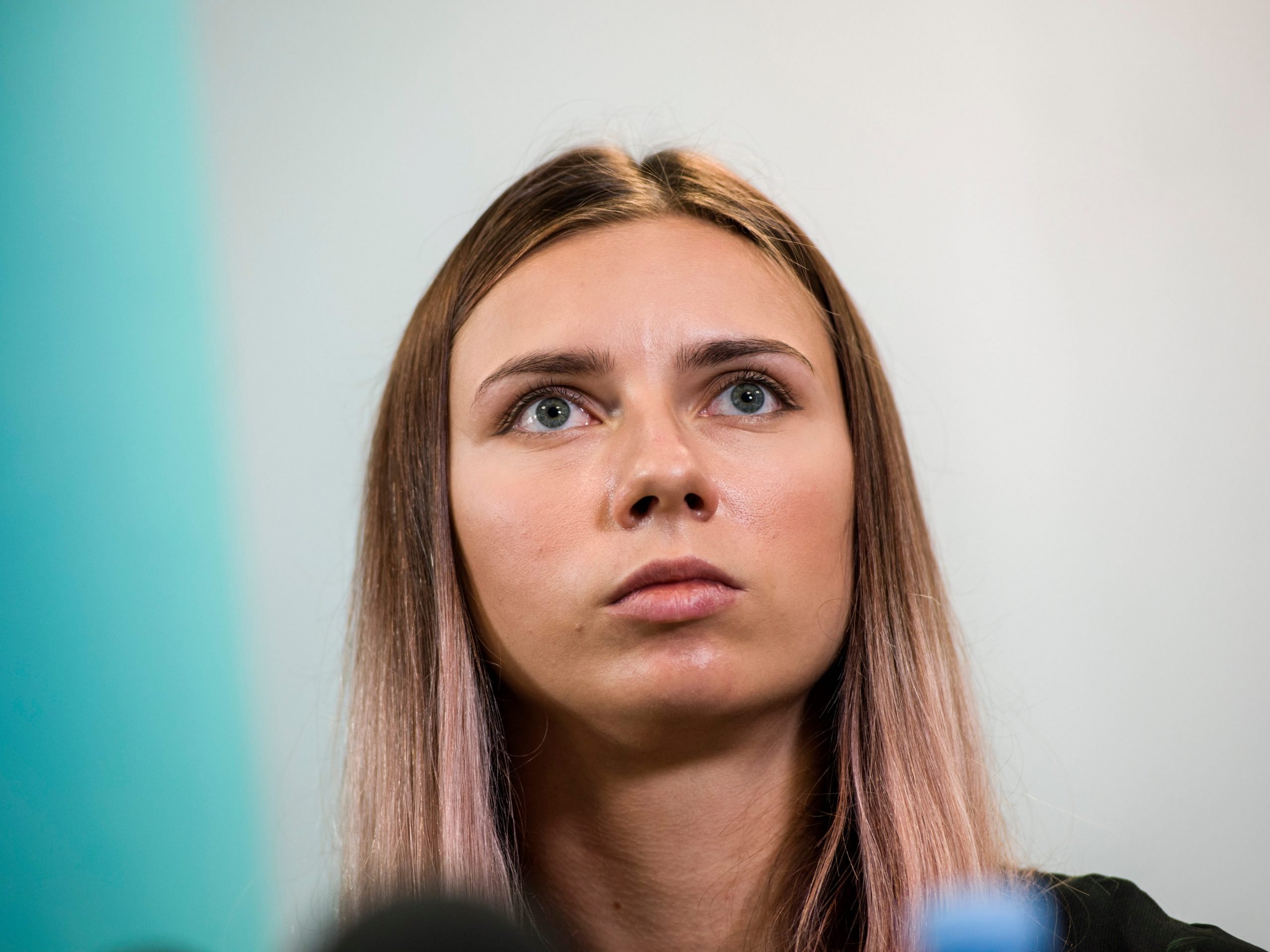 Krystsina Tsimanouskaya during a press conference in Poland