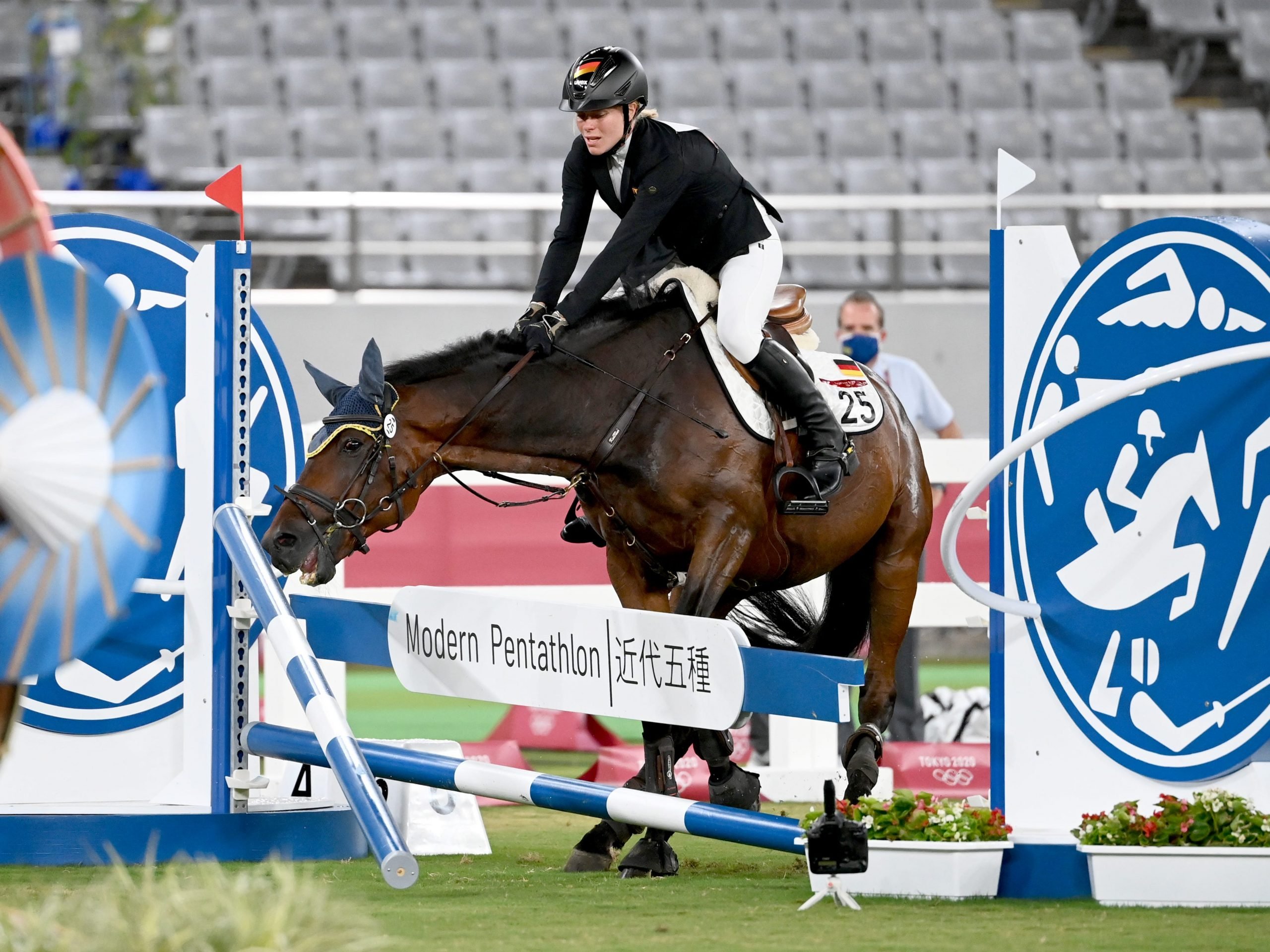 The horse Saint Boy of Annika Schleu from Germany refuses to jump