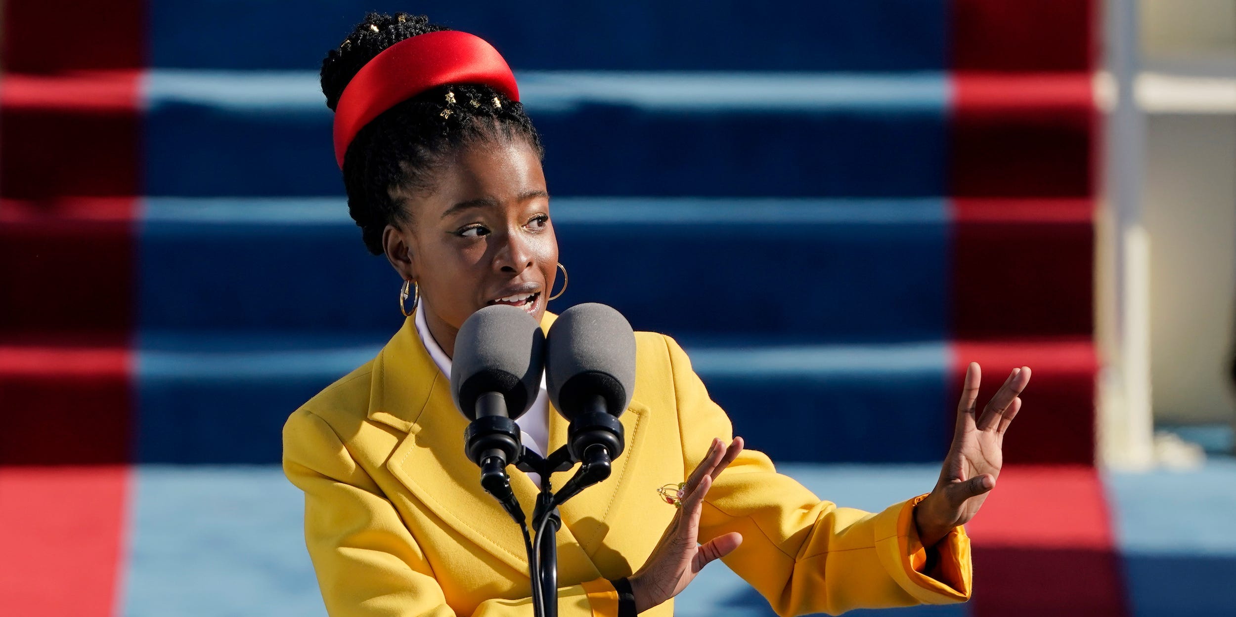 American poet Amanda Gorman reads a poem during the the 59th inaugural ceremony on the West Front of the U.S. Capitol on January 20, 2021 in Washington, DC. During today's inauguration ceremony Joe Biden becomes the 46th president of the United States.
