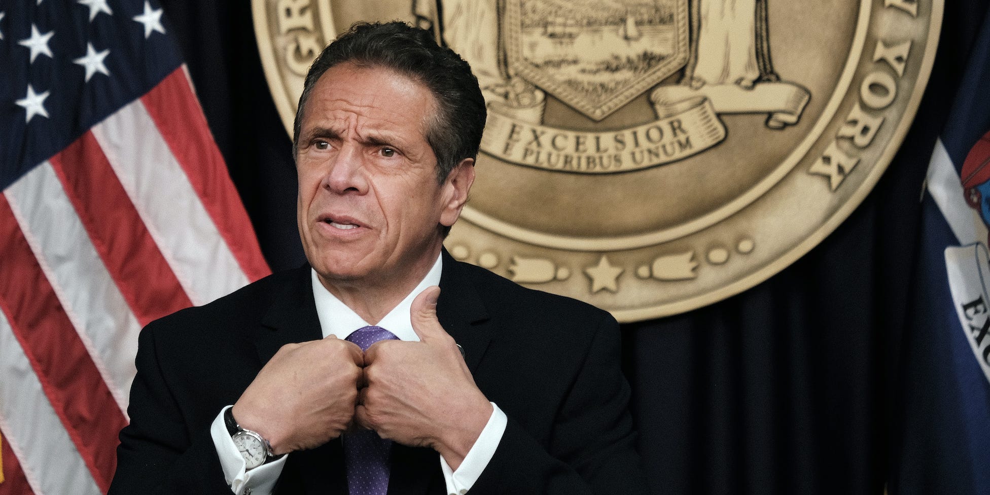 New York Governor Andrew Cuomo speaks to the media at a news conference in Manhattan on May 5, 2021 in New York City.