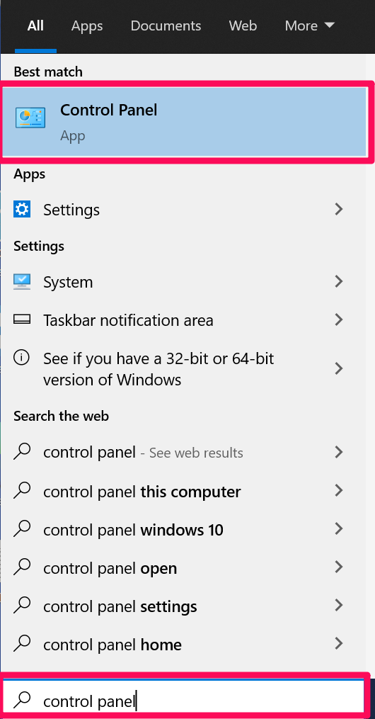 A screenshot of Windows 10 Start Menu with boxes around the search bar and the Control Panel result.