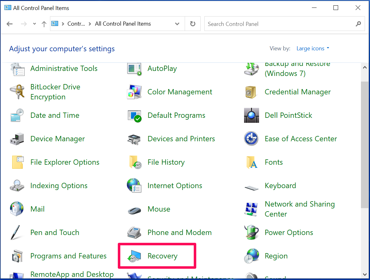 A screenshot of Windows 10 Control Panel items viewed by large icons with a box around the Recovery item.
