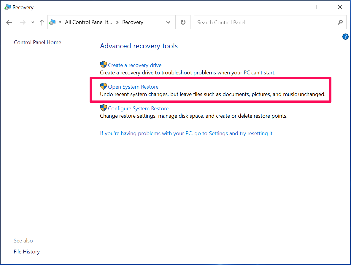 A screenshot of the Windows 10 Recovery tools in the Control Panel.