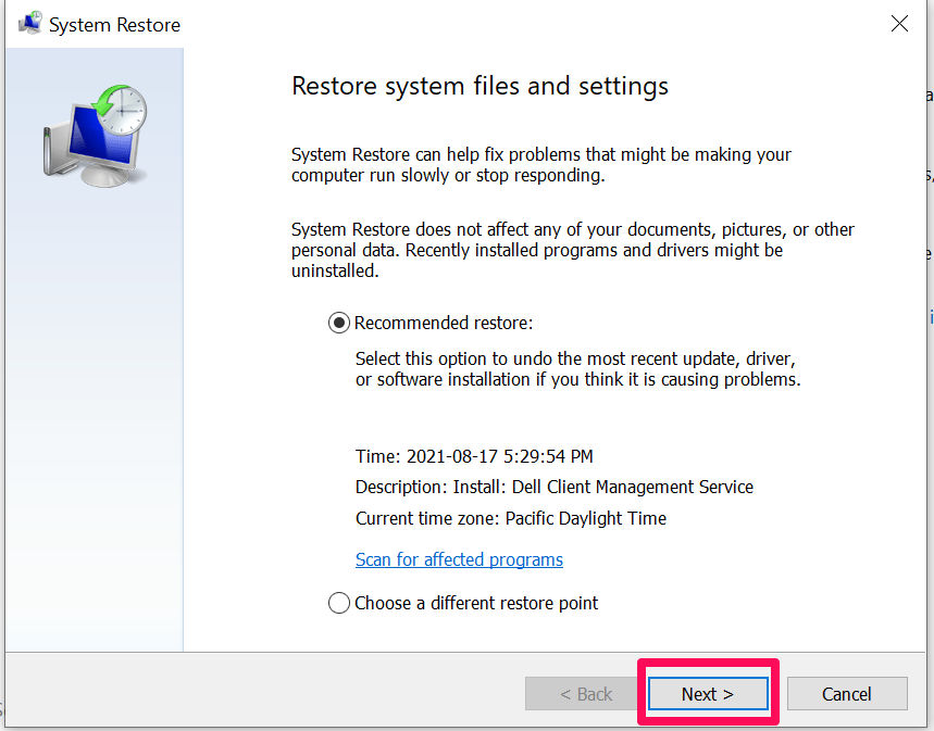 A screenshot of Restore systems files and settings pop-up on Windows 10 with a box around the "Next" button.