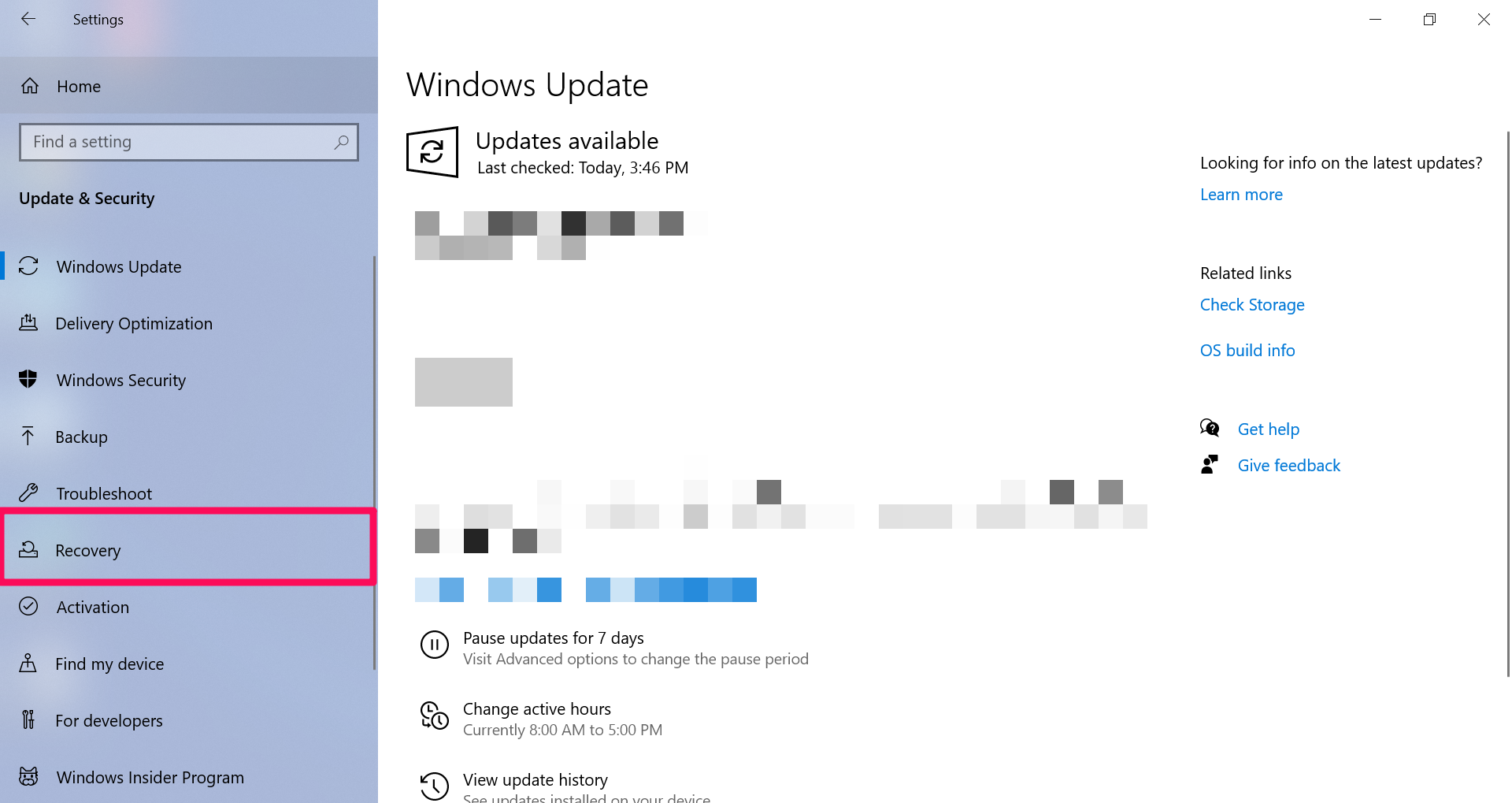 A screenshot of Windows 10 Updates & Security menu with a box around Recovery on the left sidebar menu.