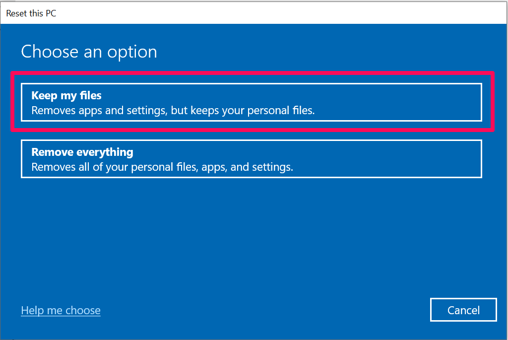 A screenshot of Windows 10 Reset this PC options with a box around "Keep my files."