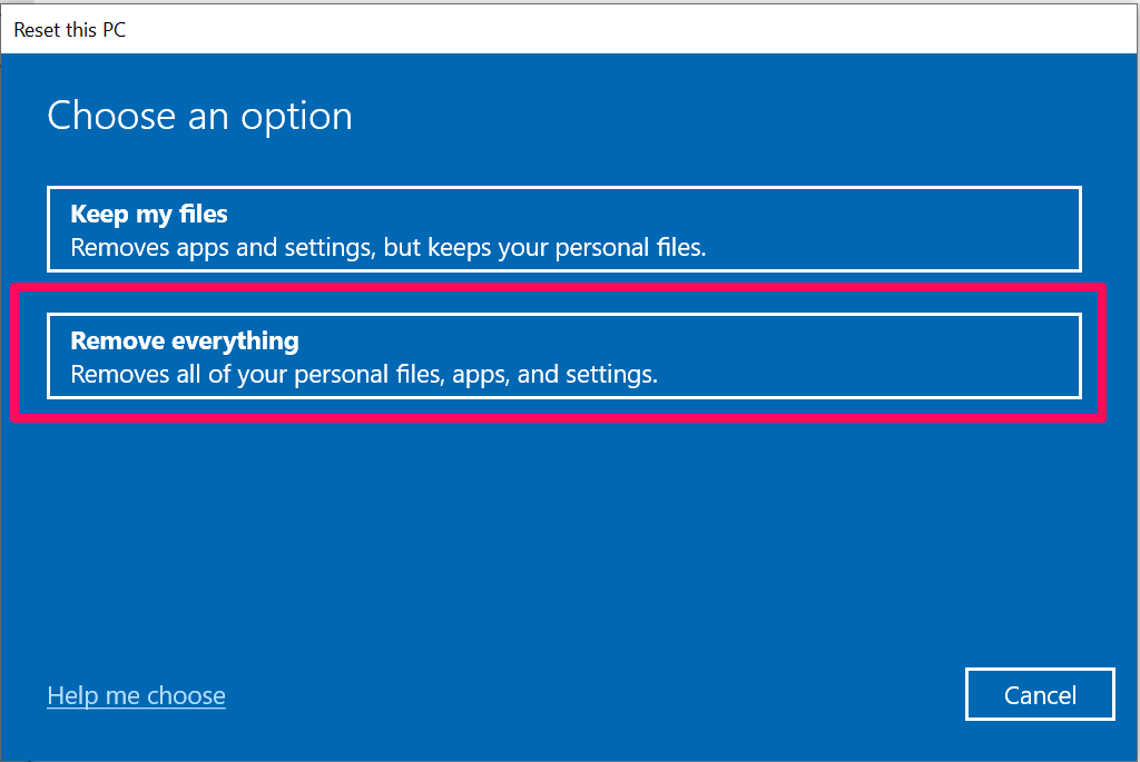 A screenshot of Windows 10 Reset this PC options with a box around "Remove everything."