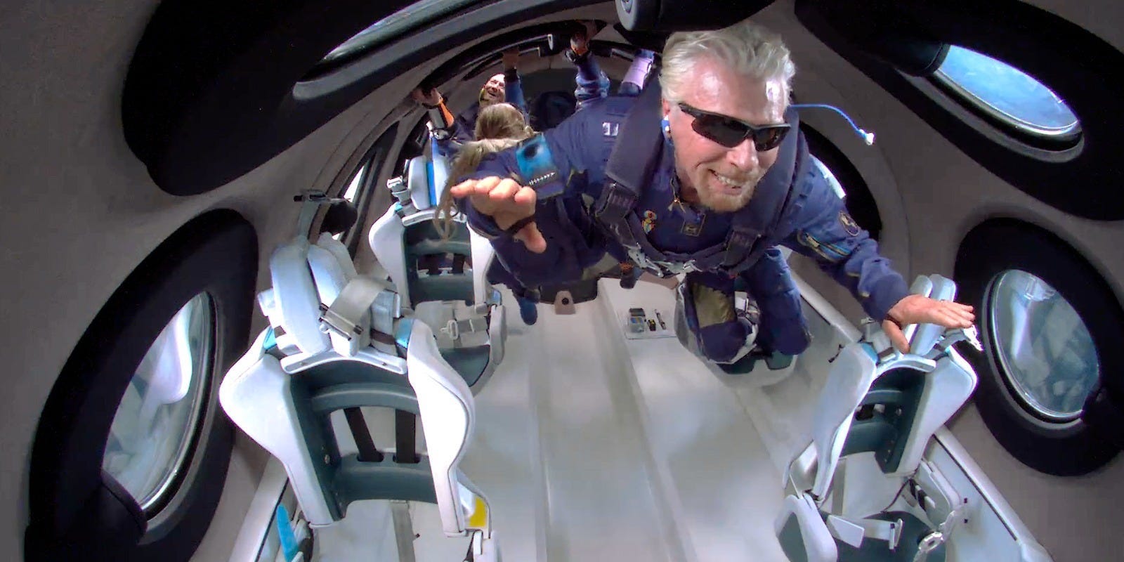 Richard Branson in space aboard a Virgin Galactic rocket plane.