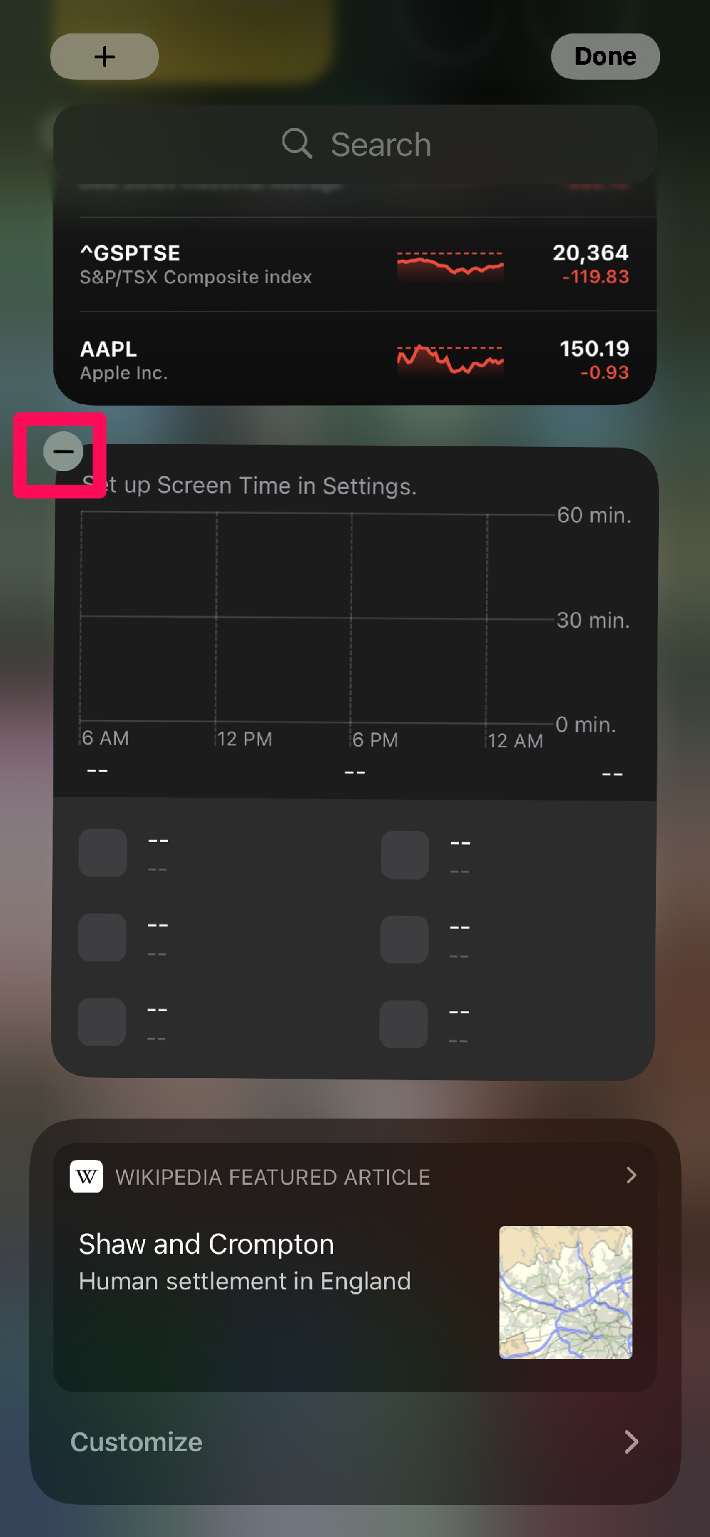 A screenshot of iOS 14 Today View in edit mode with a box around the minus sign on the upper left corner of a widget.