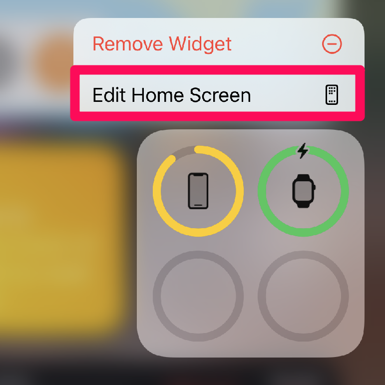 A screenshot of a widget edit options menu on iOS 14 with a box around the "Edit Home Screen" option.