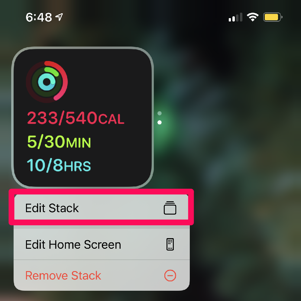 A screenshot of an iPhone widget Smart Stack in edit mode with a box around the "Edit Stack" option.