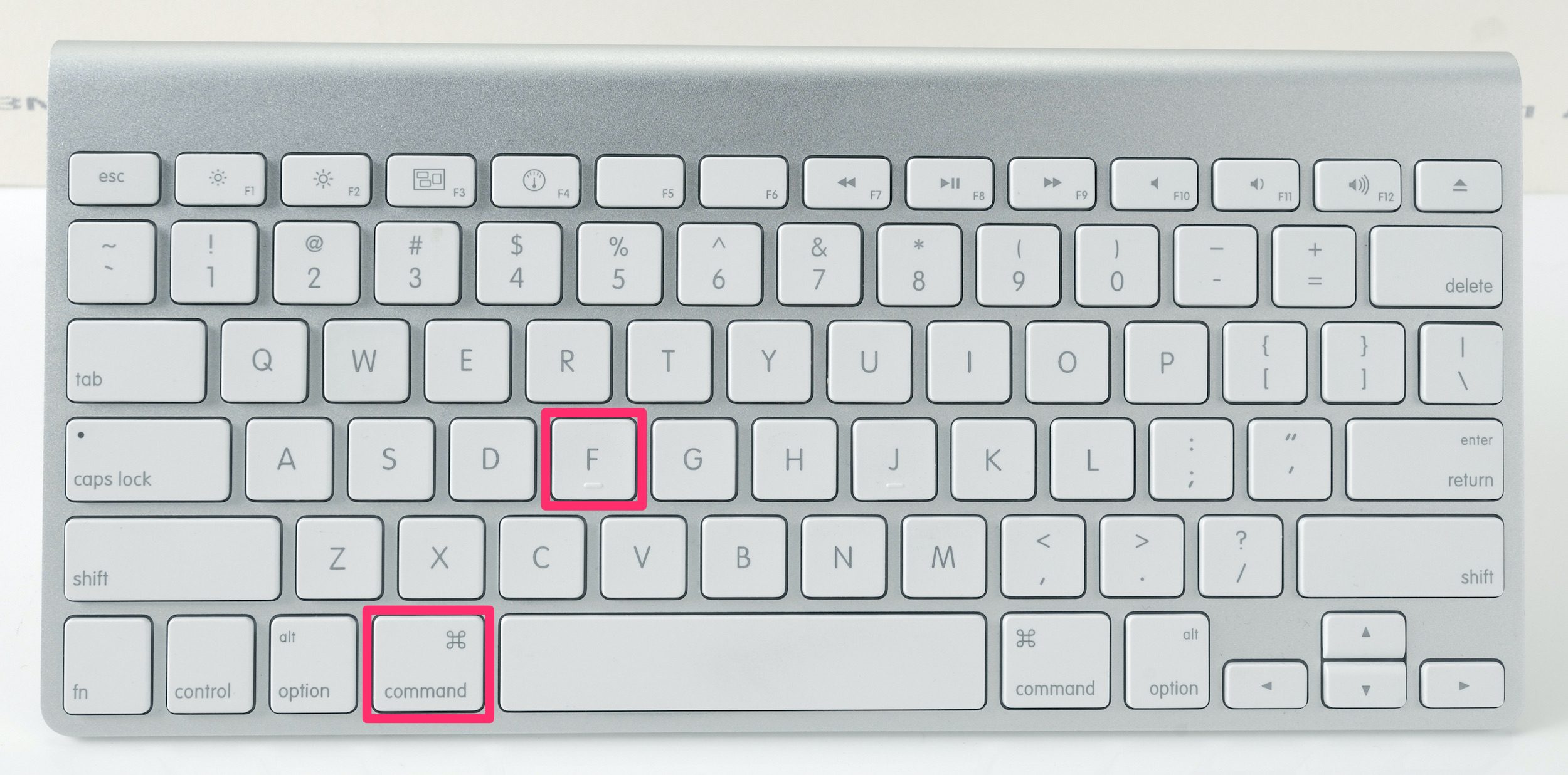 Close-up of a Mac keyboard with Command + F keys highlighted