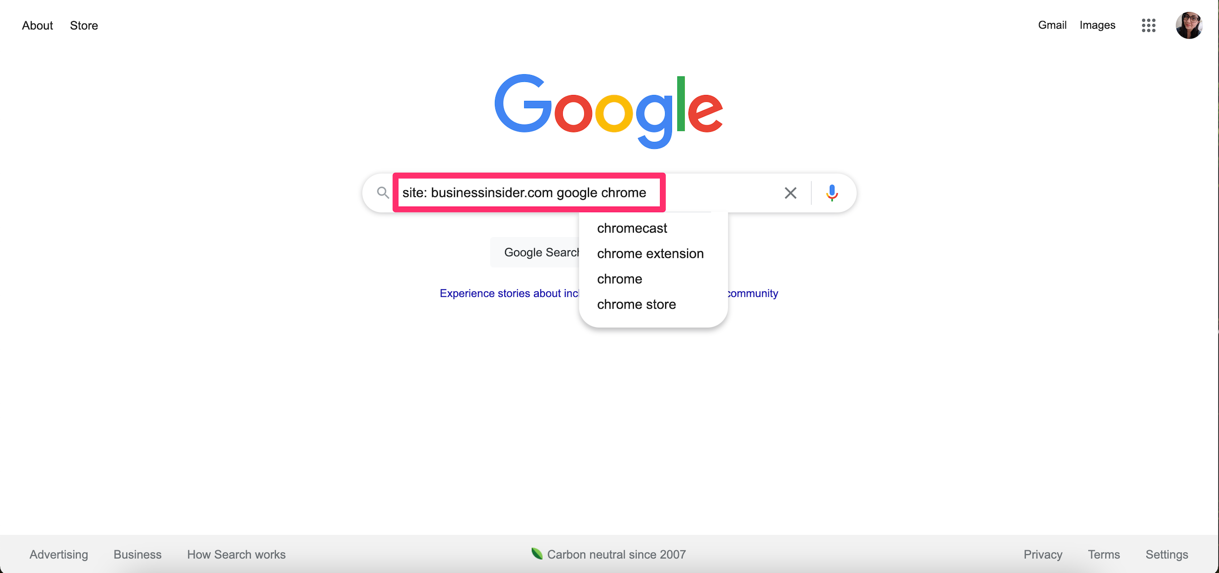Screenshot of Google search homepage with search query typed in