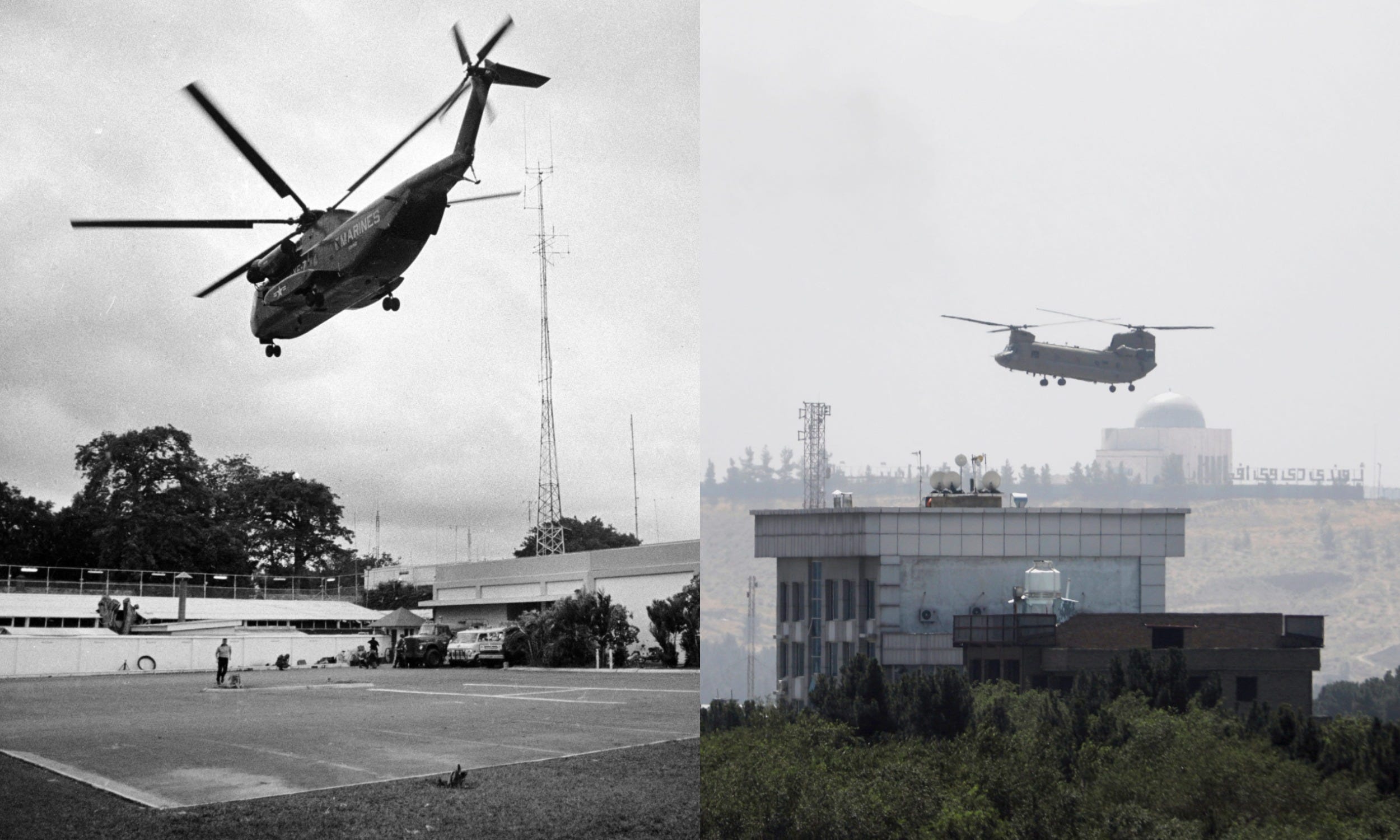 a combination photo of us military helicopters landing in saigon and kabul as those cities fell