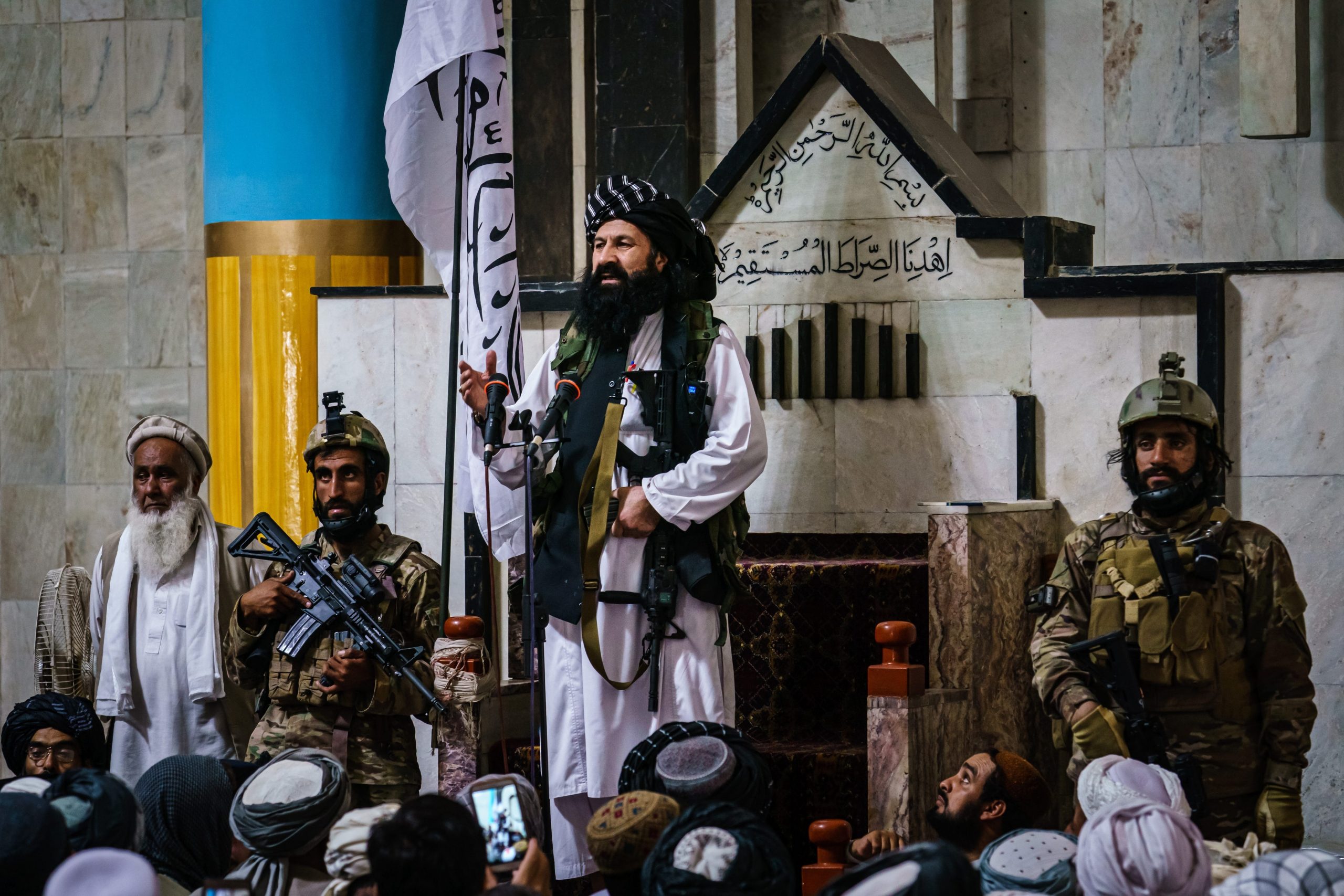 Khalil al-Rahman Haqqani, a leader of the Taliban affiliated Haqqani network, and a U.S.-designated terrorist with a five million dollar bounty, deliver his sermon to a large congregation at the Pul-I-Khishti Mosque in Kabul, Afghanistan, Friday, Aug. 20, 2021.