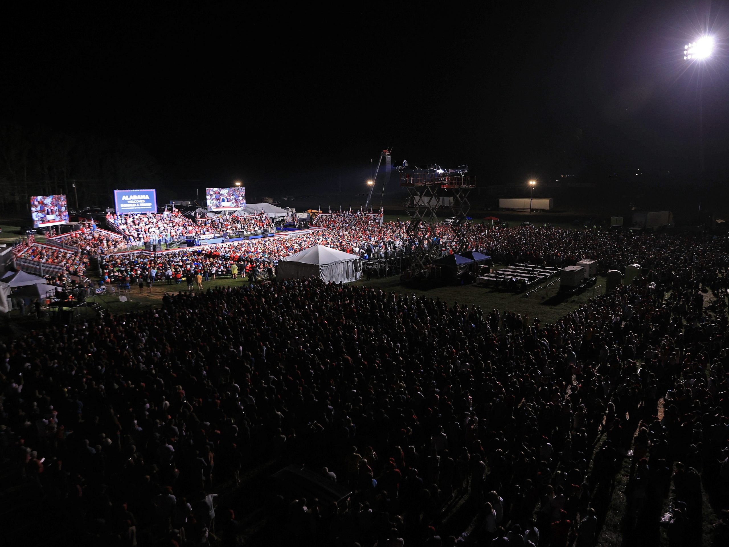 Supporters attend former U.S. President Donald Trump's "Save America" rally at York Family Farms on August 21, 2021 in Cullman, Alabama.