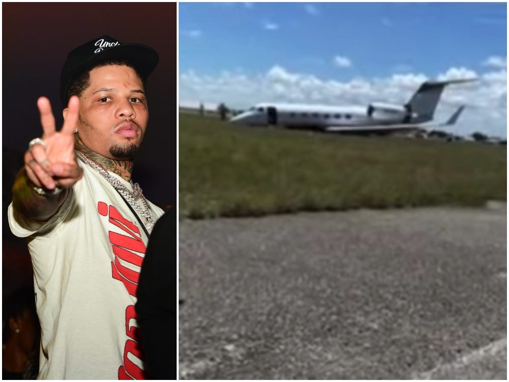 Gervonta Davis flashes a peace sign at an event earlier this summer on the left, and a photo of the plane that suffered a minor crash is on the right.