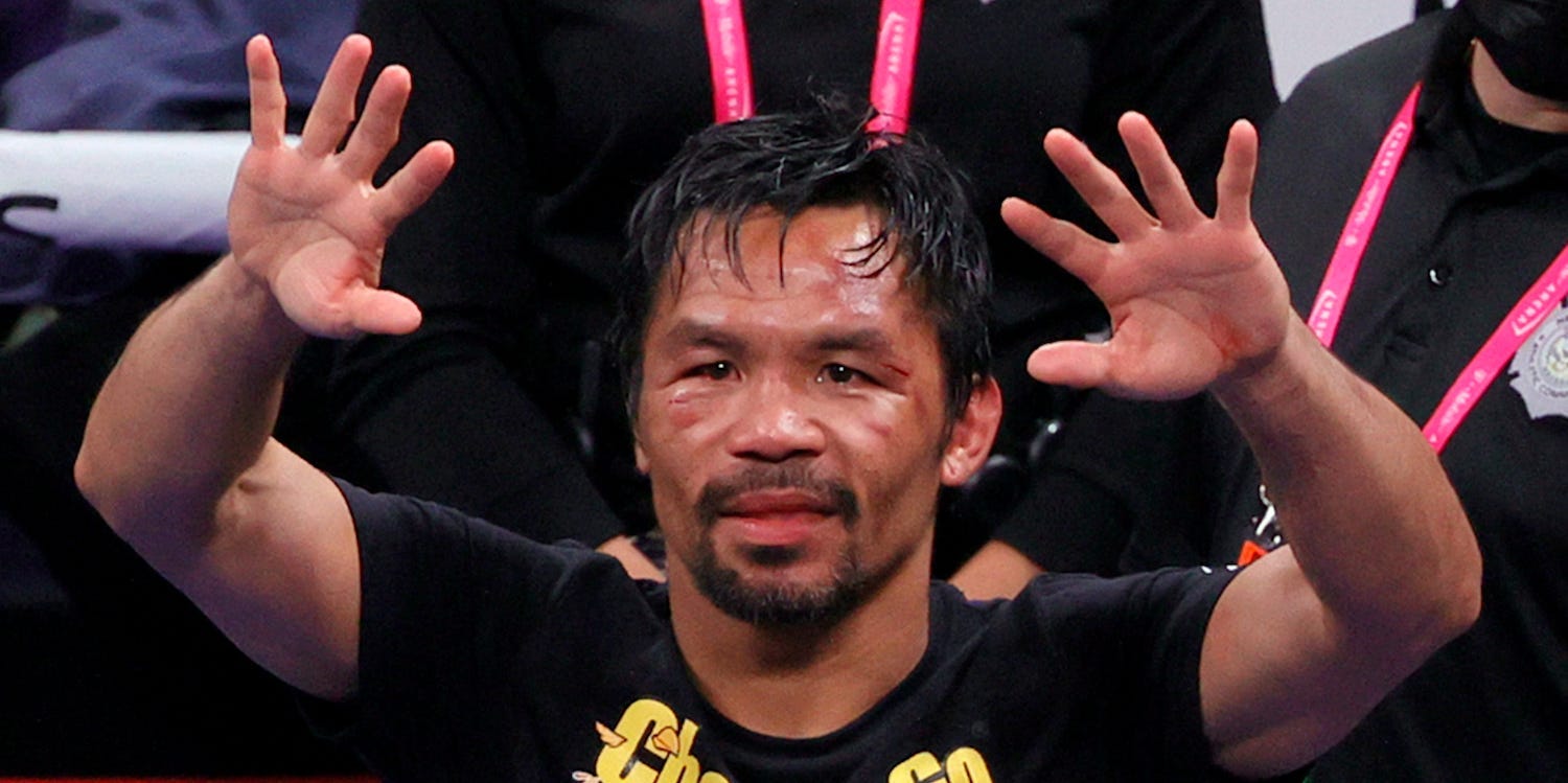 Manny Pacquiao gestures to his fans after his loss in Las Vegas.