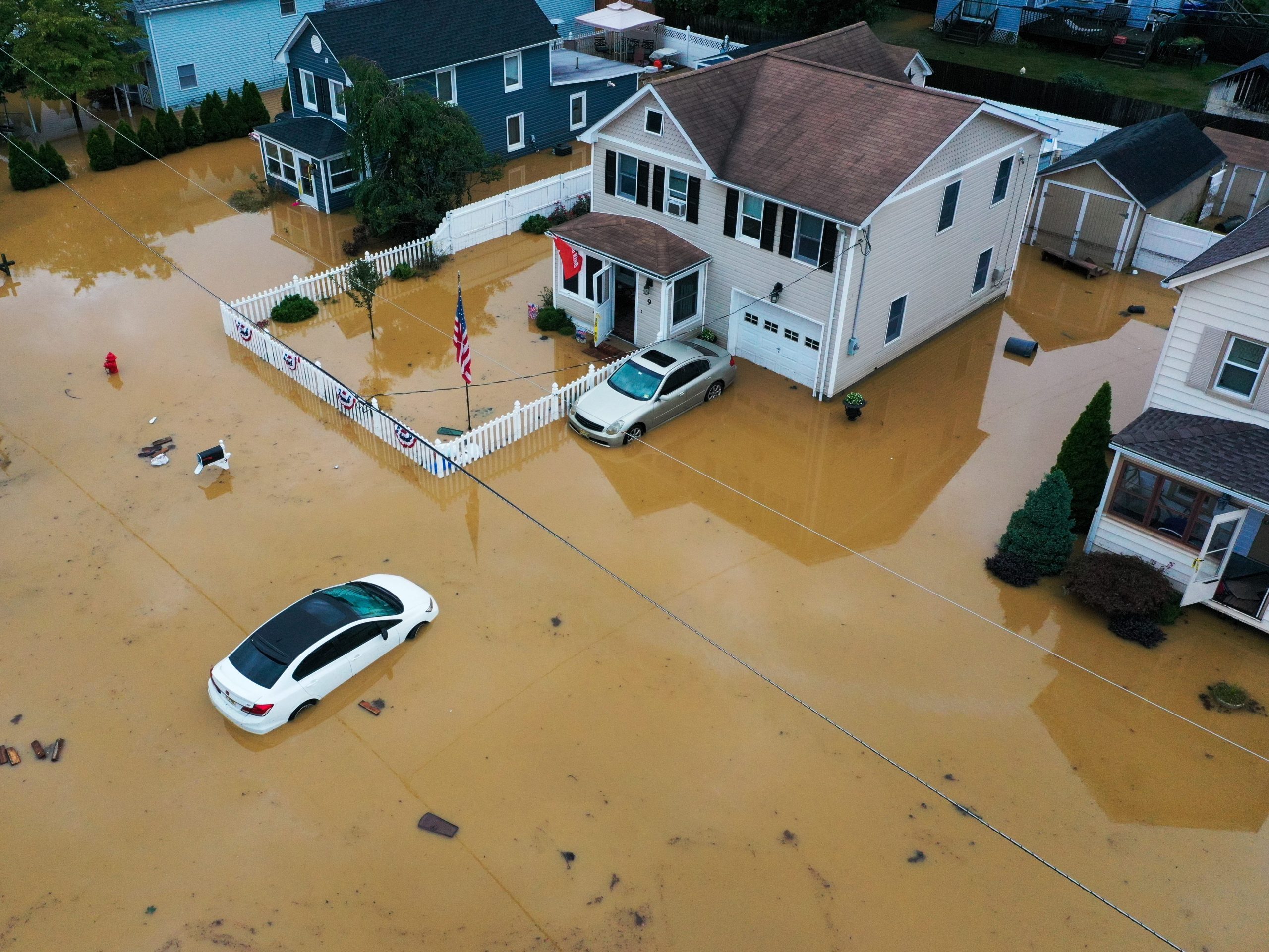 An aerial view of flooded streets are seen in Helmetta of New Jersey, United States on August 22, 2021 as Tropical Storm Henri hit east coast.