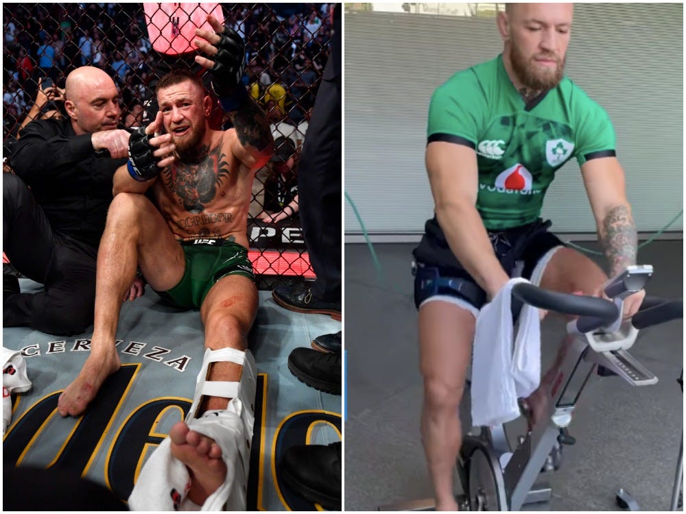 Conor McGregor is training on a bike just a month after breaking a bone in his leg.
