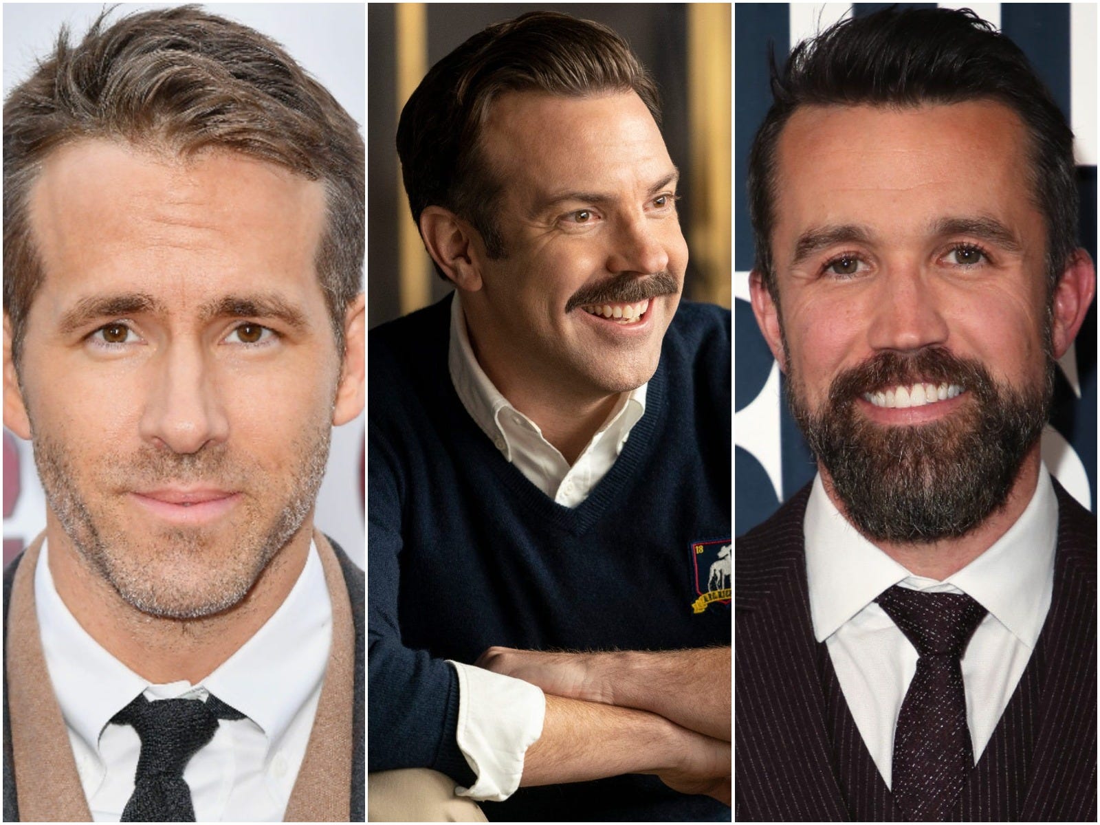 A picture of Rob McElhenney and Ryan Reynolds and Jason Sudeikis as Ted Lasso.