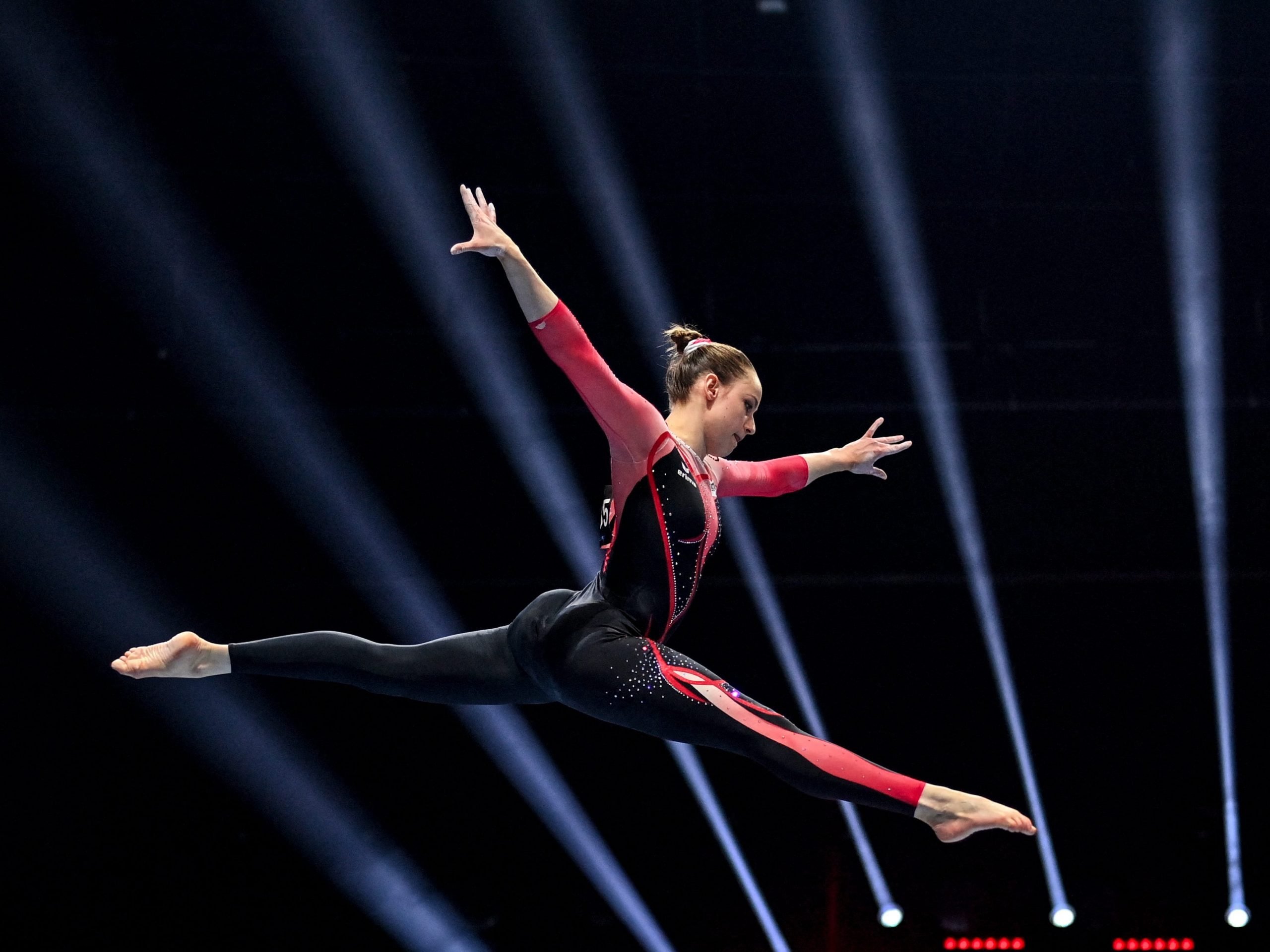 German Olympian Sarah Voss is pictured wearing a full length bodysuit at the European Artistic Gymnastics Championship in April 2021.