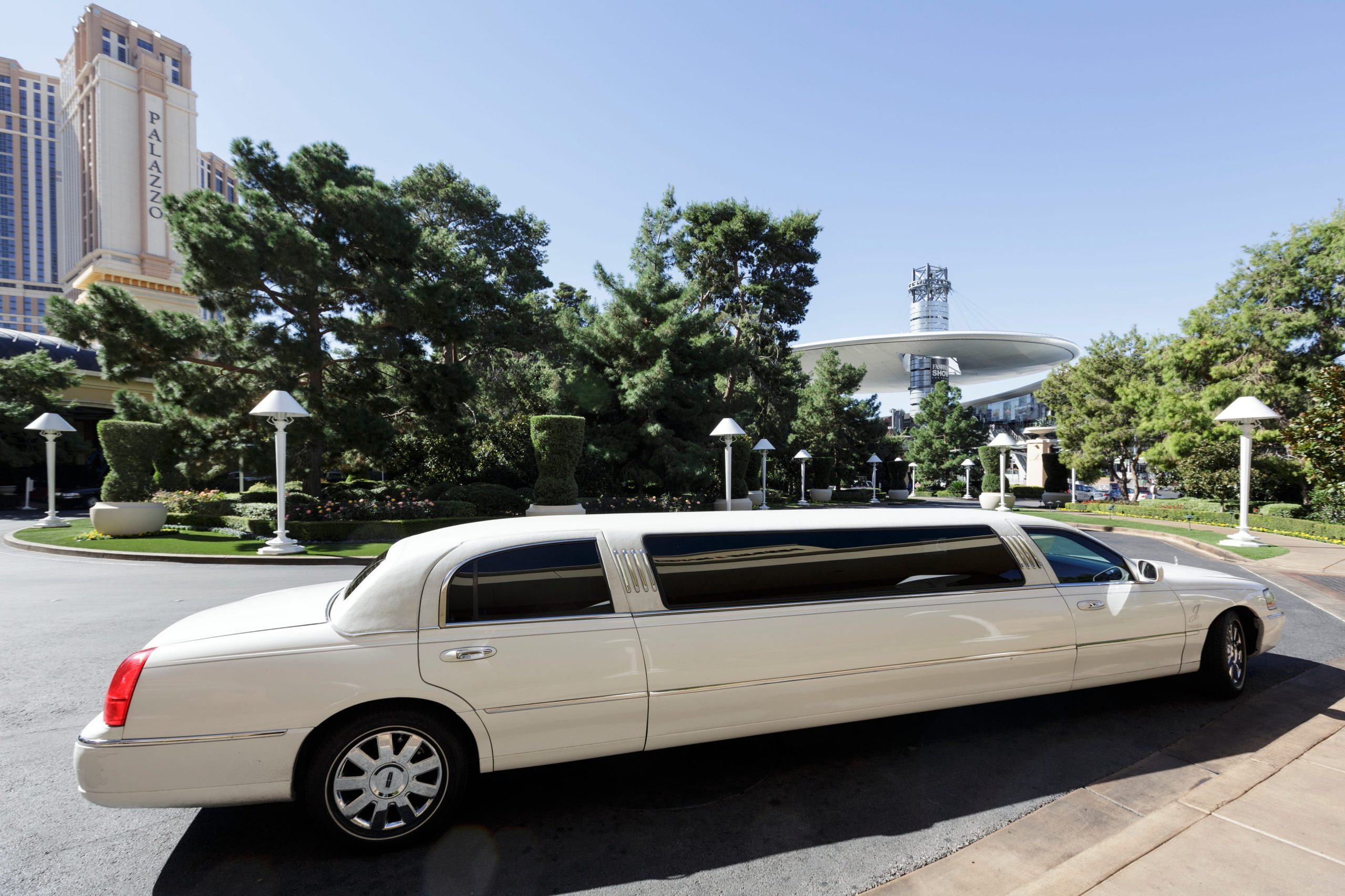 A stretch limo in front of the Wynn Las Vegas and Encore resort and casino in Las Vegas, Nevada.