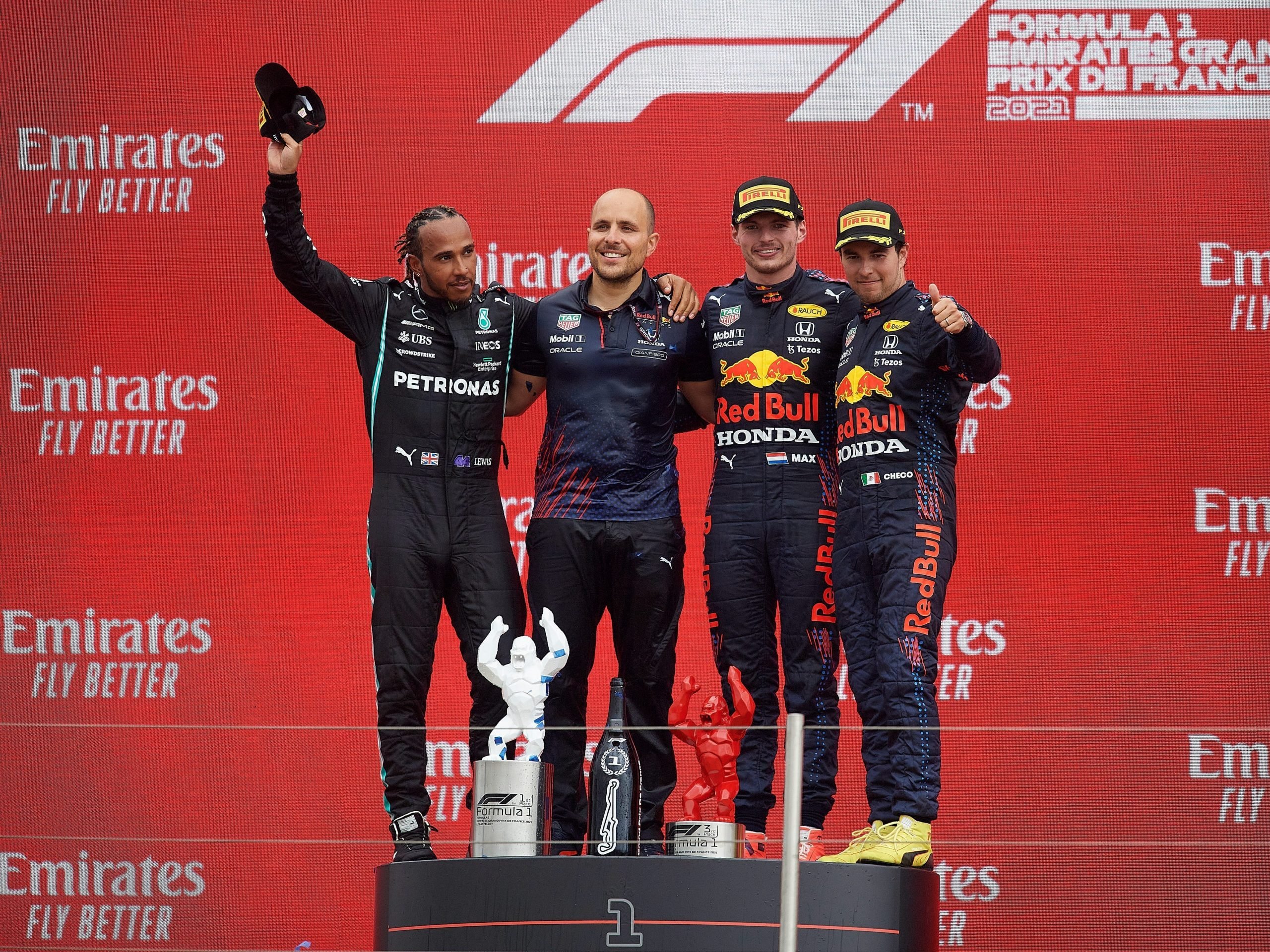 Lewis Hamilton, Max Verstappen and Sergio Perez on the podium