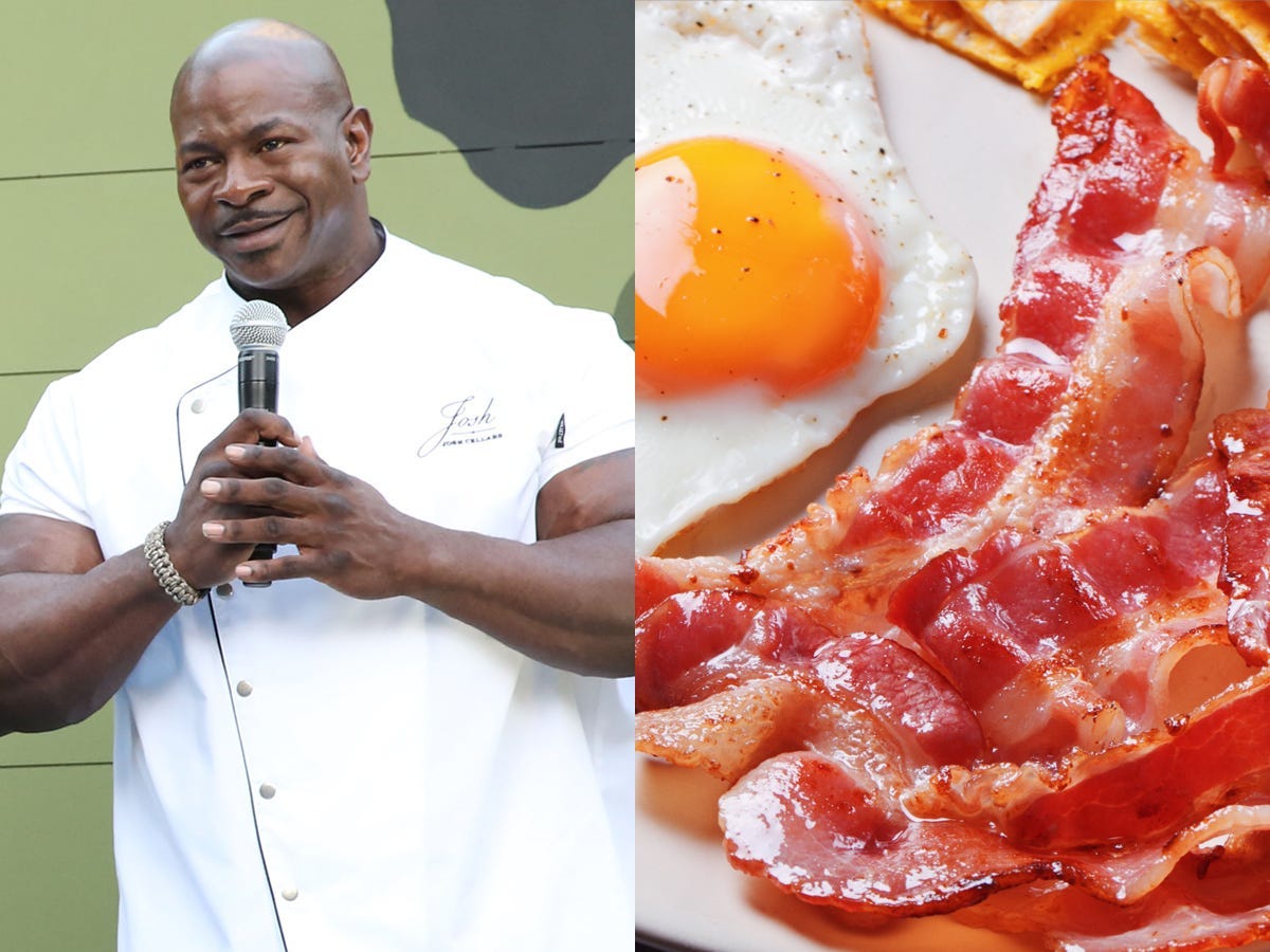 On the left, chef Andre Rush talking into a microphone. On the right, a plate of bacon and eggs.