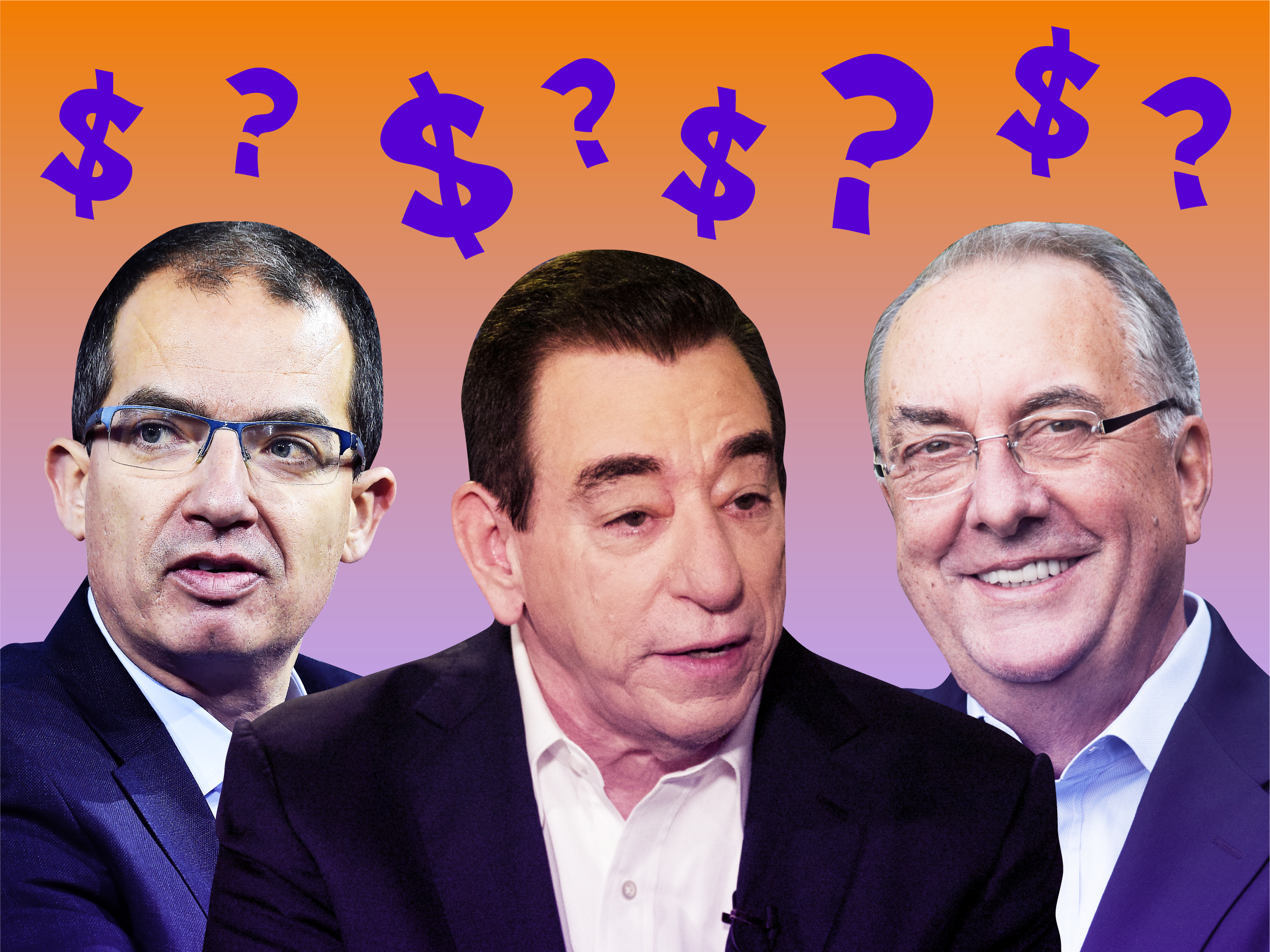 Stephane Bance, CEO of Moderna, Leonard Schleifer, founder and chief executive of the biotechnology company Regeneron, and Stanley Erck, CEO of Novavax on an orange background surrounded by purple question marks and dollar signs.