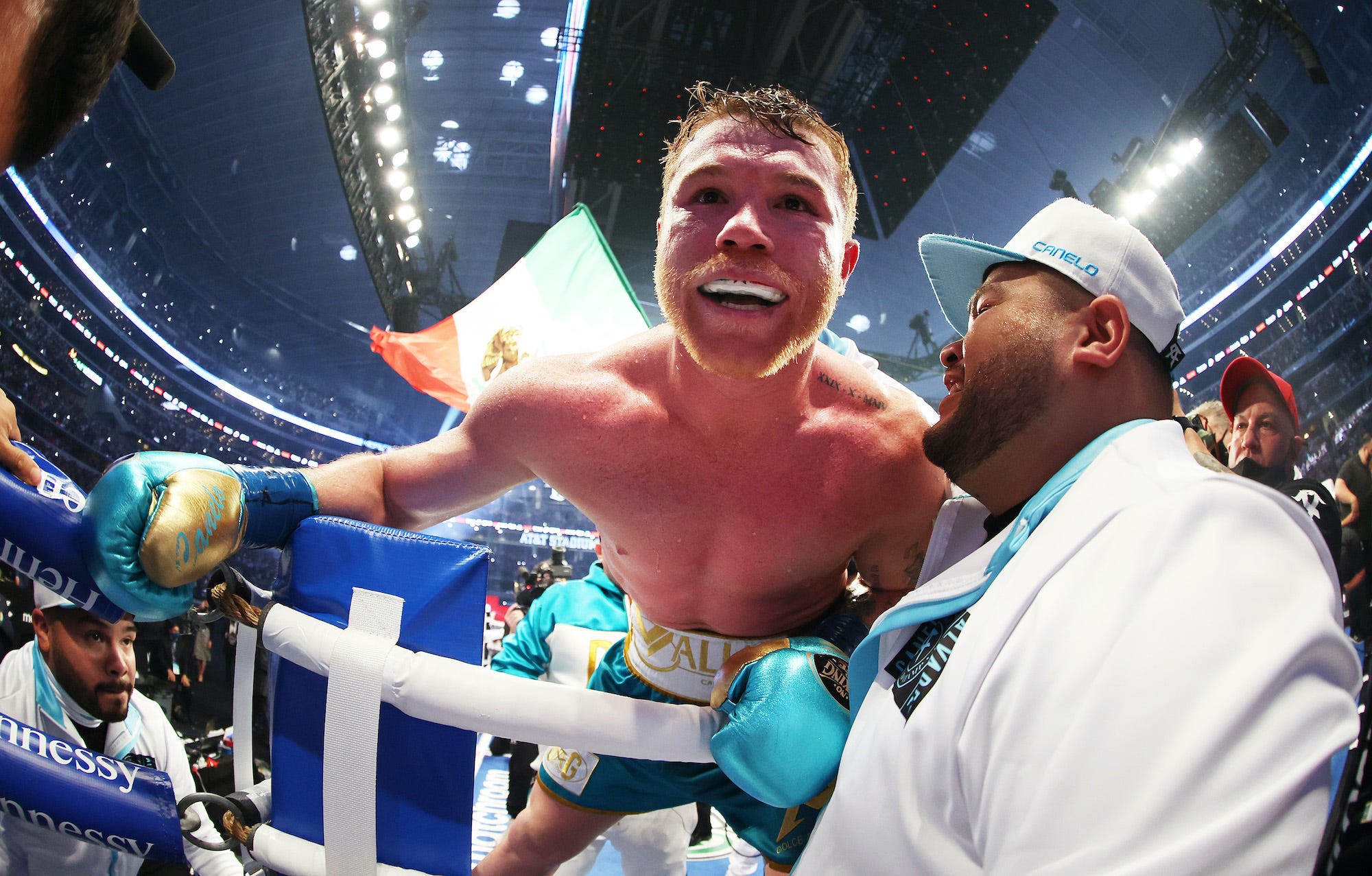 Saul 'Canelo' Alvarez celebrates his latest victory after breaking Billy Joe Saunders' face in multiple places.