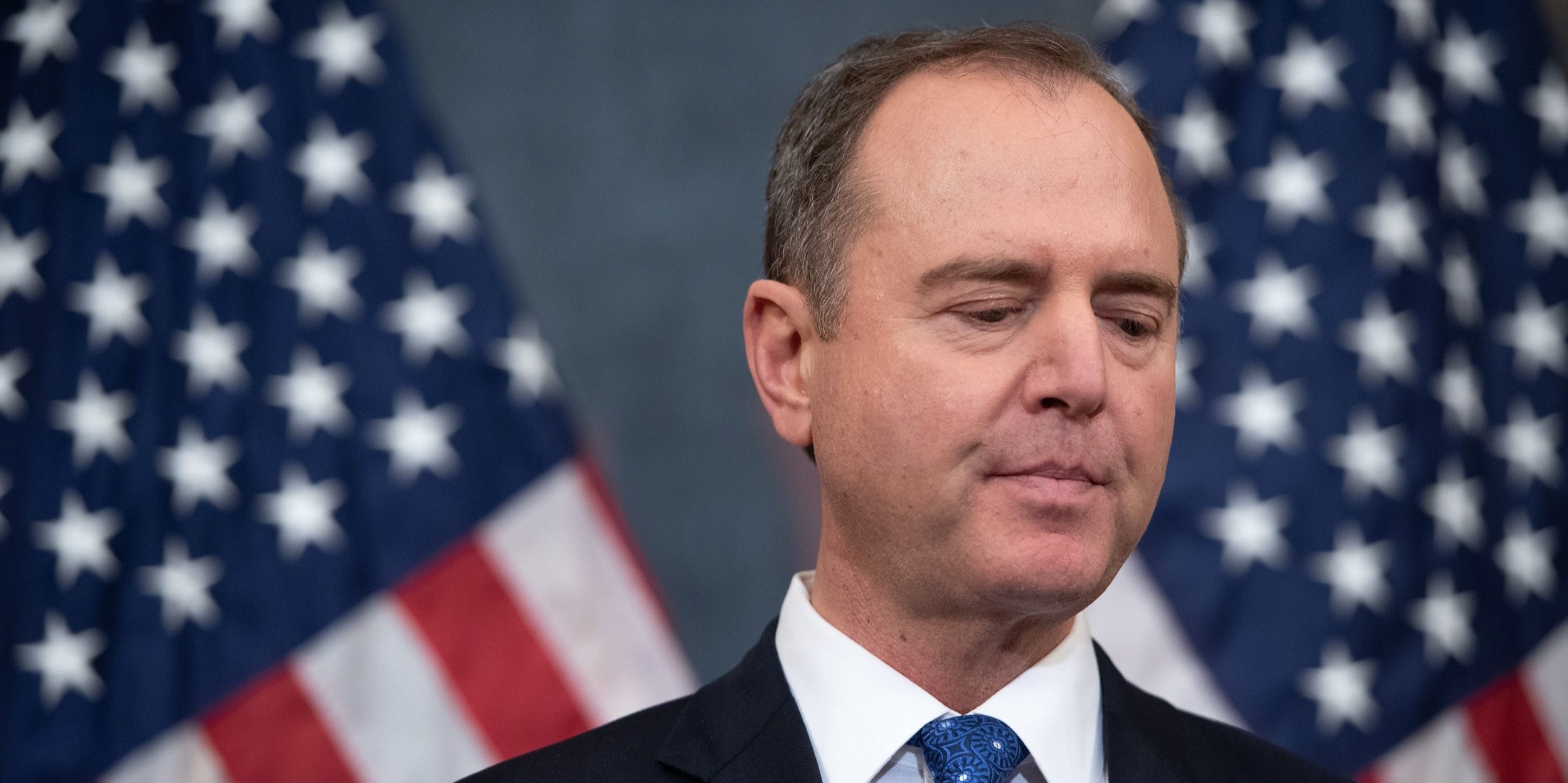 adam schiff House Permanent Select Committee on Intelligence Chairman Adam Schiff holds a press conference after the House passed Resolution 755, Articles of Impeachment Against President Donald J. Trump, at the US Capitol in Washington, DC, on December 18, 2019. - The US House of Representatives voted 229-198 on Wednesday to impeach President Donald Trump for obstruction of Congress. The House impeached Trump for abuse of power by a 230-197 vote. The 45th US president is just the third occupant of the White House in US history to be impeached. (Photo by SAUL LOEB / AFP) (Photo by SAUL LOEB/AFP via Getty Images)