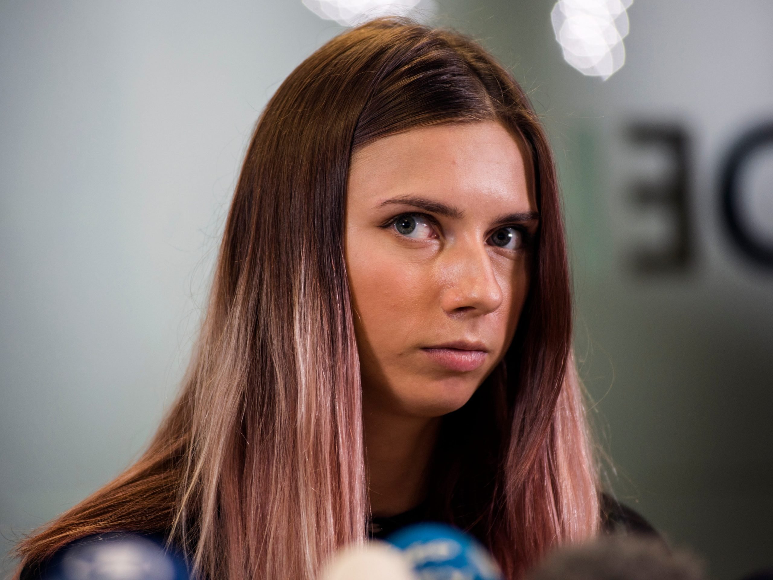 Krystsina Tsimanouskaya during a press conference