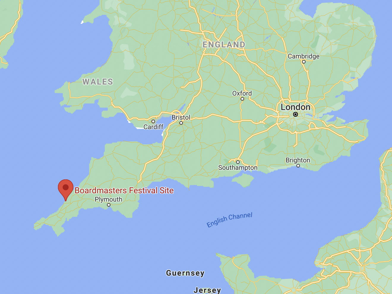 A marker on a map shows the location of the Boardmasters festival