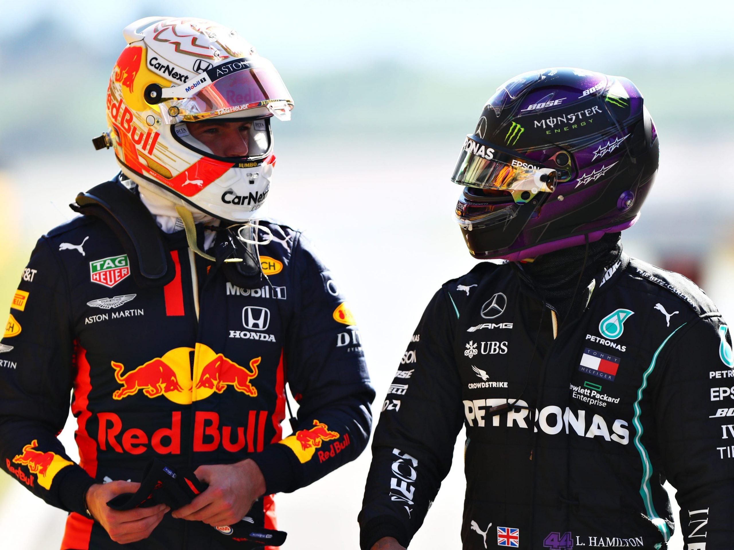 Max Verstappen and Lewis Hamilton talking