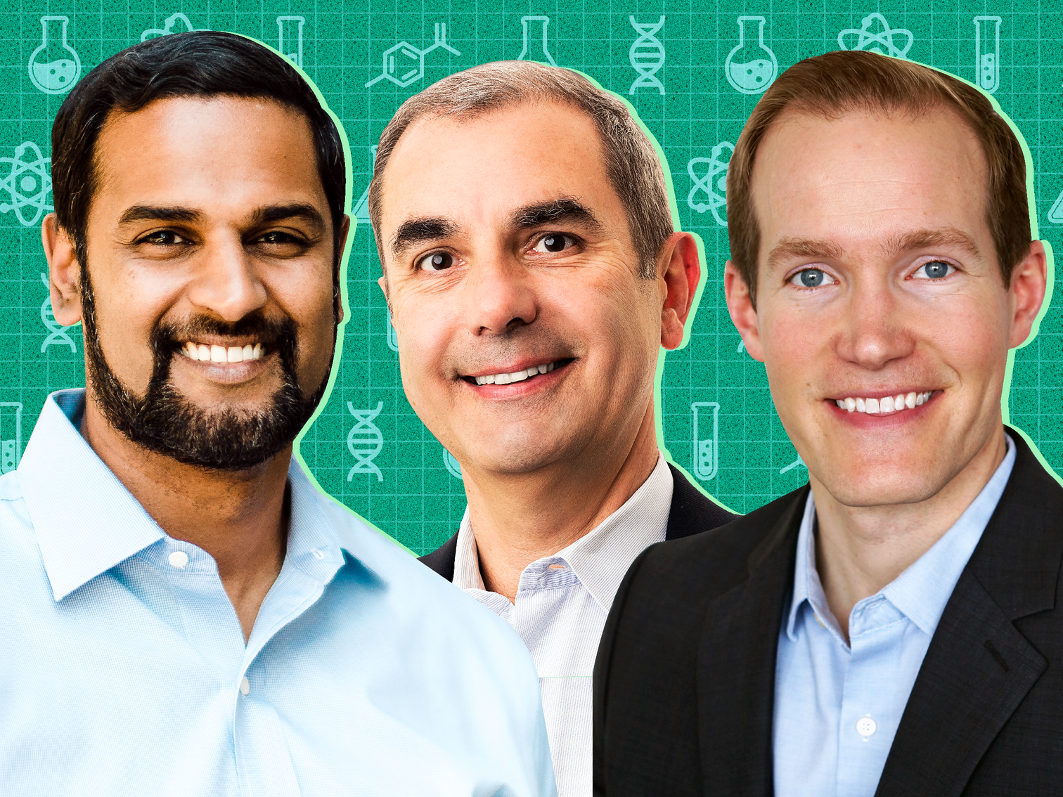 Headshots of Kiran Reddy, Nicholas Galakatos, and Brian Matesic, on a green background with science icons