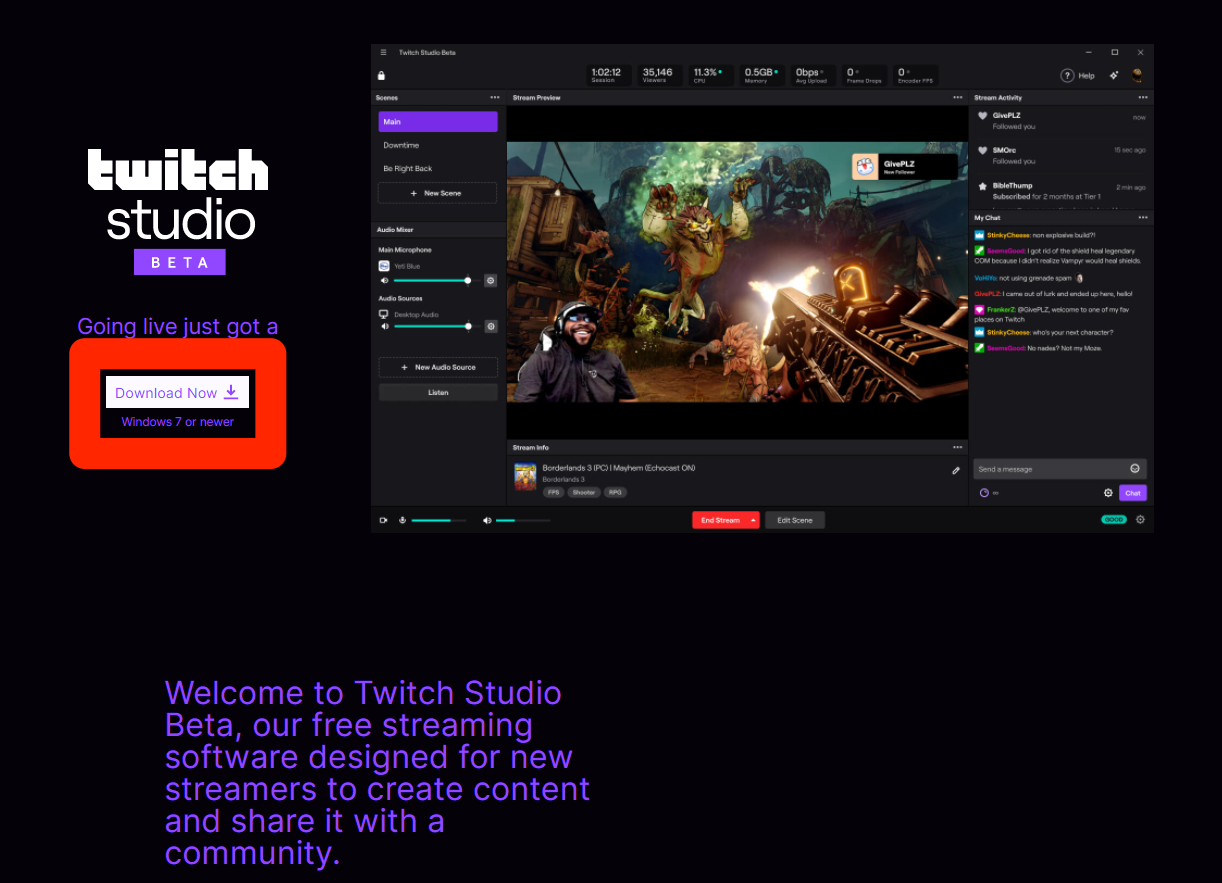 The Twitch Studio website, with the Download Now button highlighted.