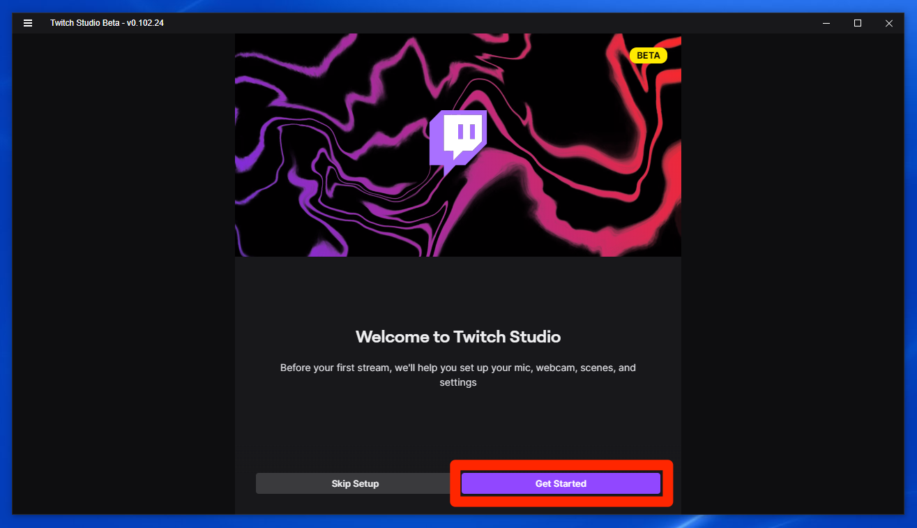 The intro screen to Twitch Studio, which asks if you'd like to see a "Get Started" tutorial. The Get Started option is highlighted.