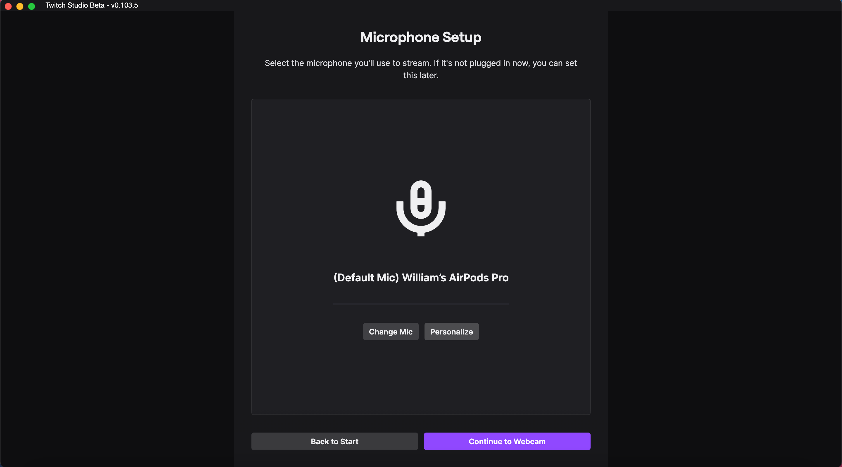 The Twitch Studio tutorial screen that lets you set up a microphone. A pair of AirPods Pro are selected.