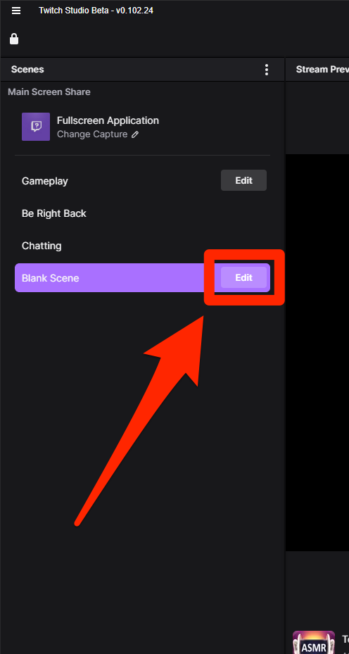 The Scenes menu in Twitch Studio. The "Edit" option next to a blank scene is highlighted.