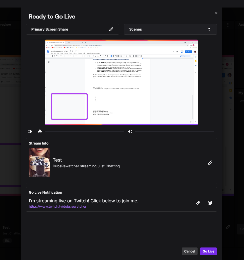 The "Ready to Go Live" screen in Twitch Studio, which lets you preview your stream, pick its category, and more.