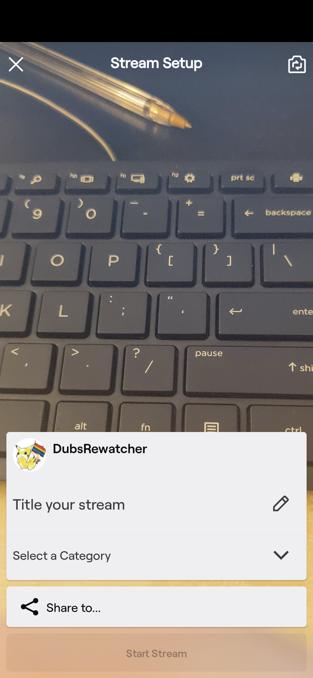 A page in the Twitch mobile app that lets you stream from your phone's camera, as well as give the stream a title and category.