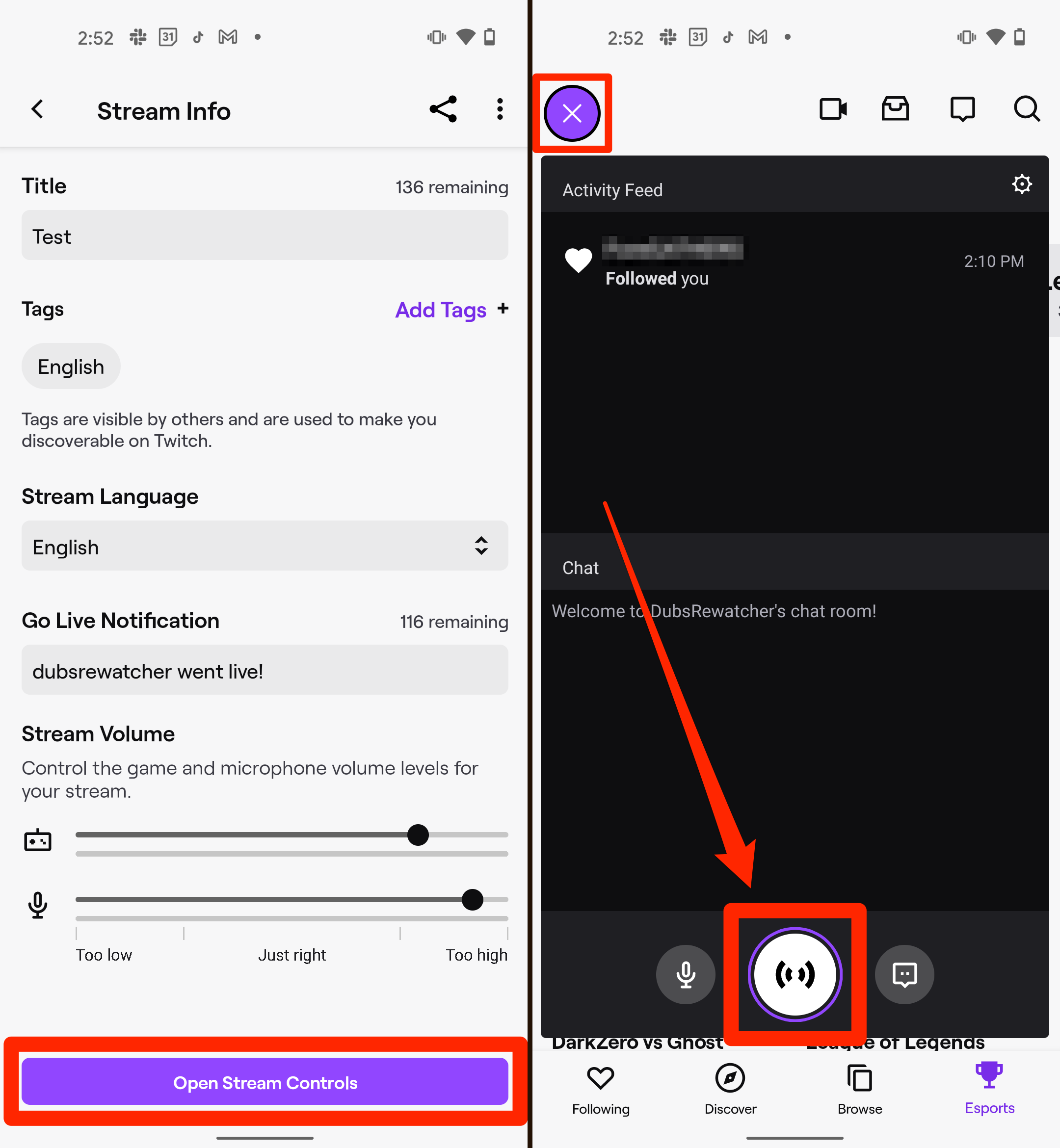 The "Stream Info" page you see in the Twitch mobile app before you can live, and the controls overlay you'll use on an Android device.