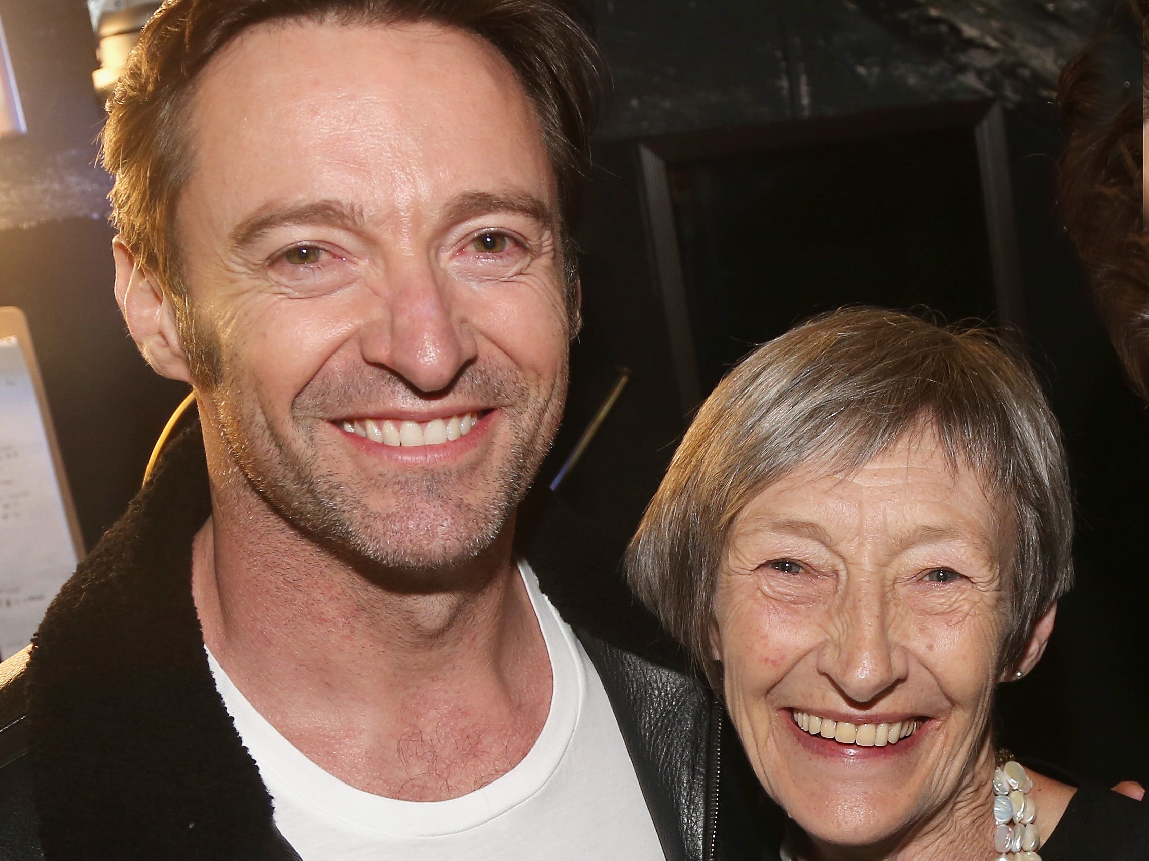 Hugh Jackman poses with his mother Grace McNeil backstage in 2017.