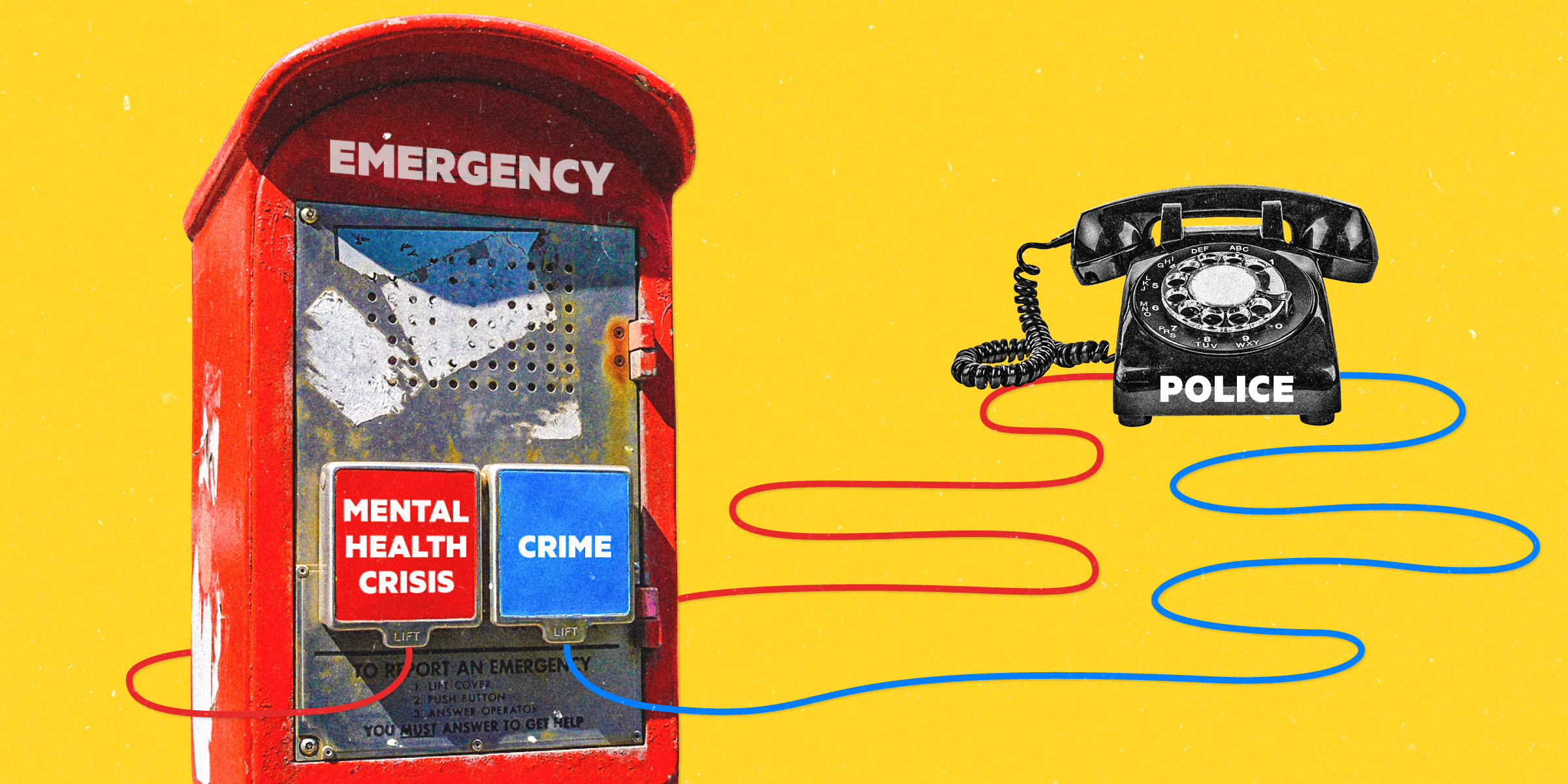 Emergency call box with one button labeled "mental health crisis" and another button labeled "crime"; both buttons have wires directed towards one phone labeled "police" on a yellow background