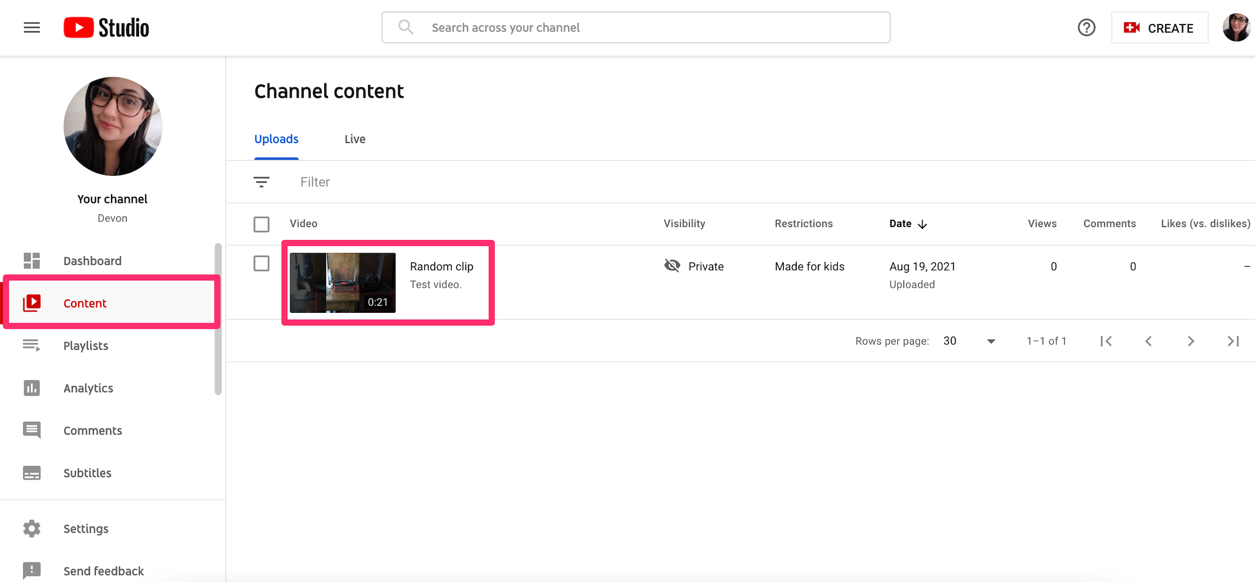 Screenshot of YouTube Studio "Content" tab